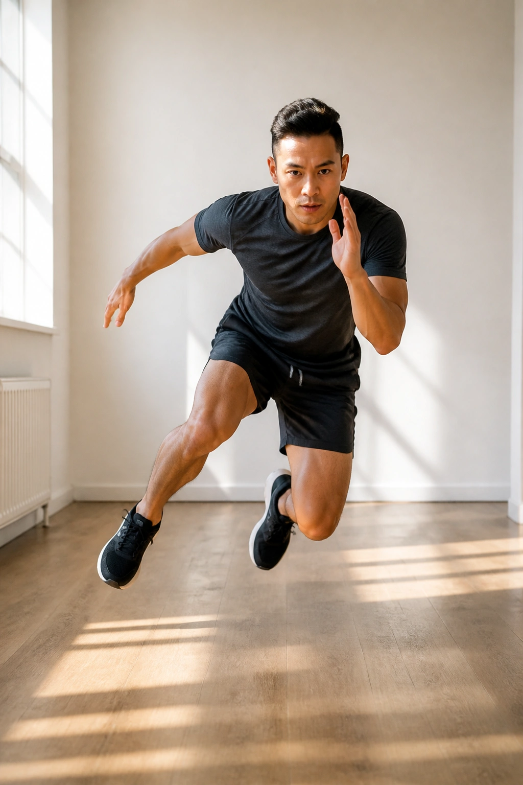 Person performing speed skaters in a small room