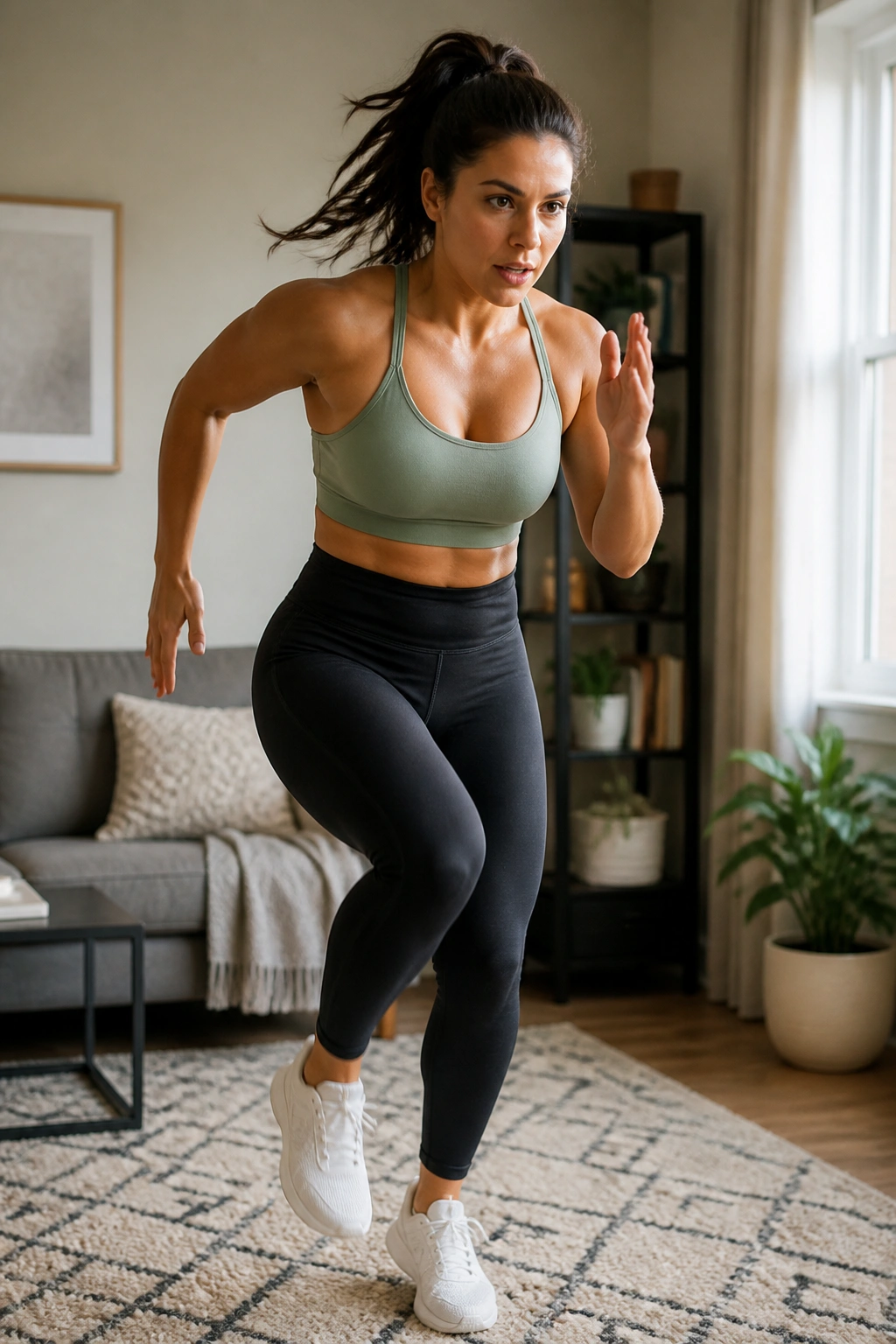 Real woman speed walking in place in a living room with arm pumping