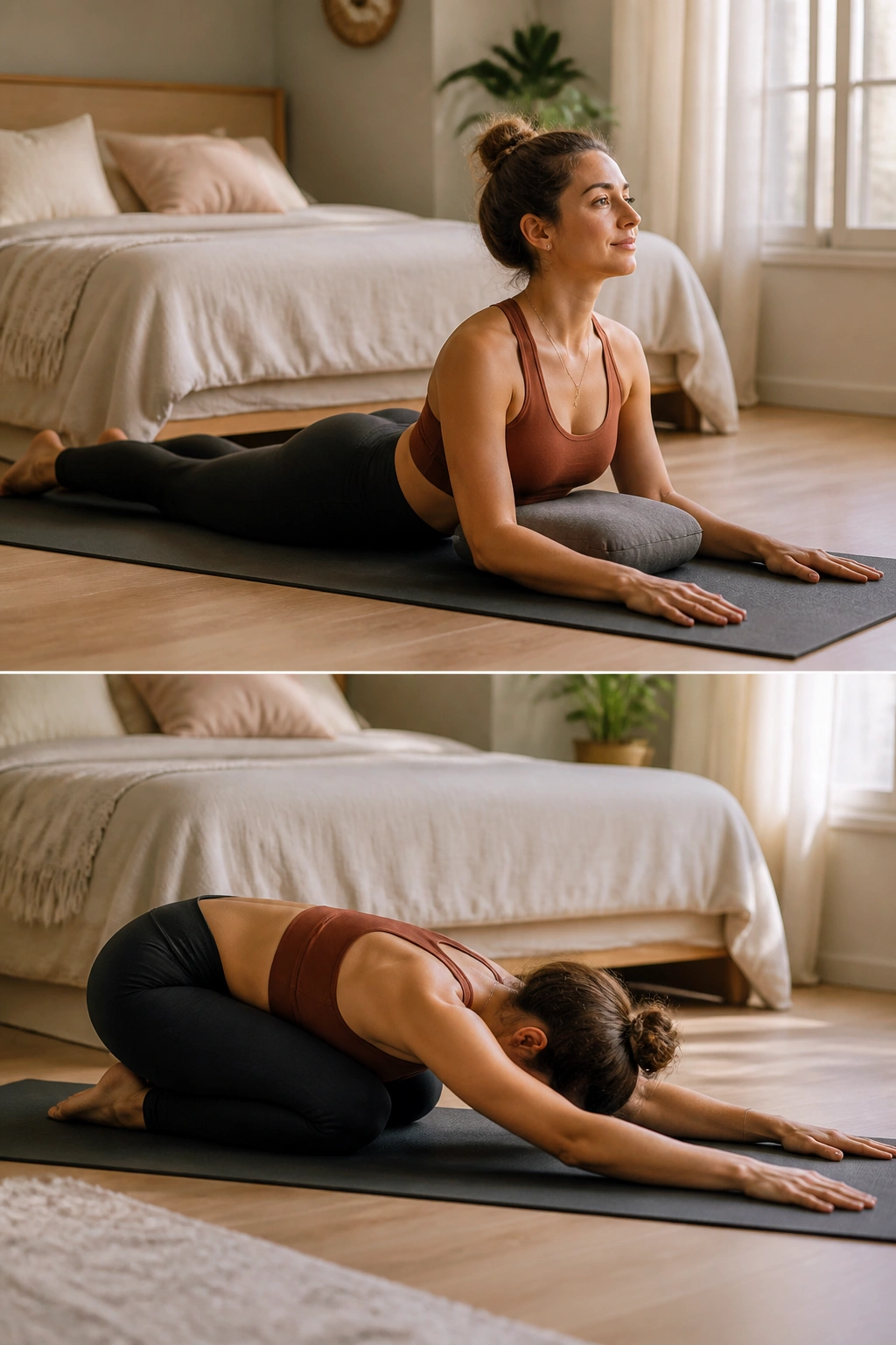Person flowing between sphinx and child’s pose on a yoga mat