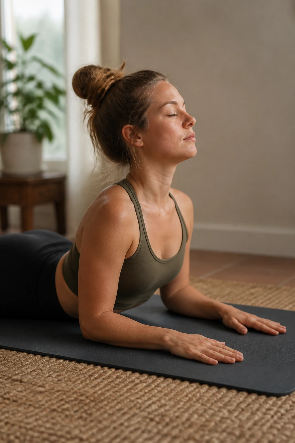 Person in Sphinx pose on the mat, chest open with forearms lifted.