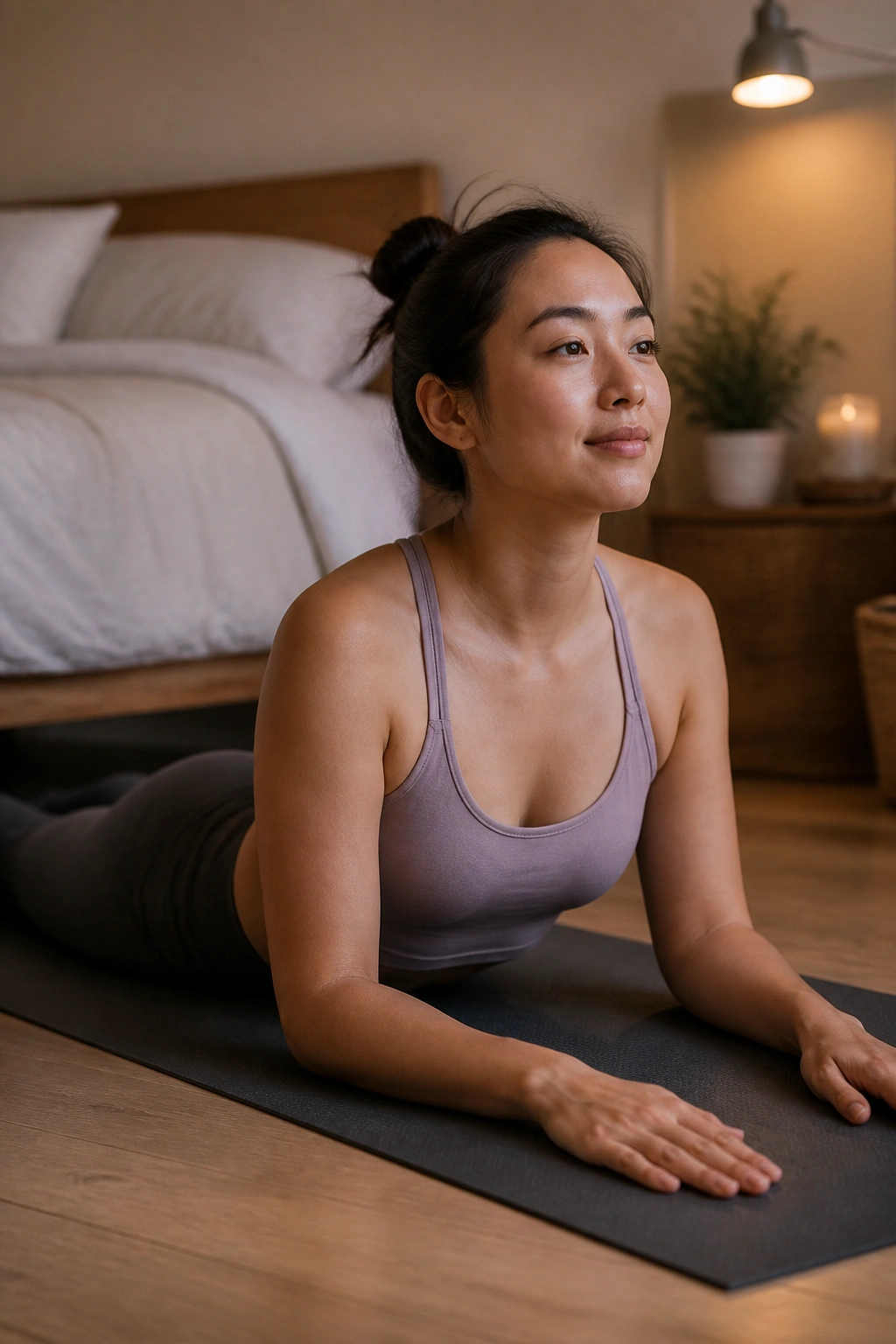 Person in sphinx pose, gentle chest opening on a mat.