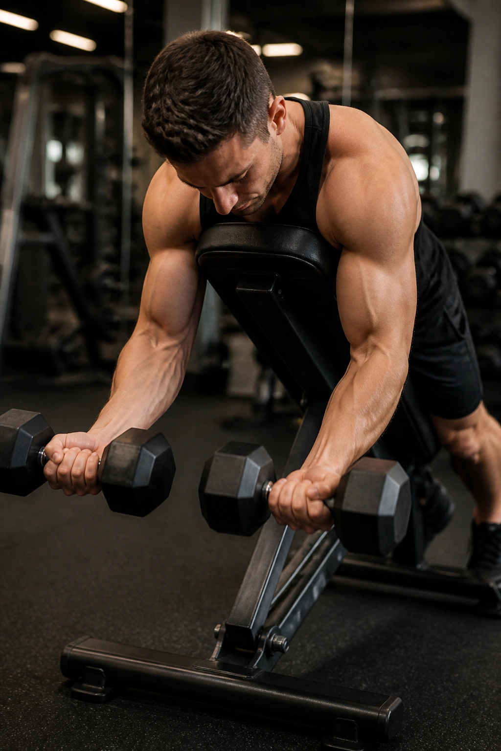 Incline bench spider curl in progress, arms curling with focused contraction