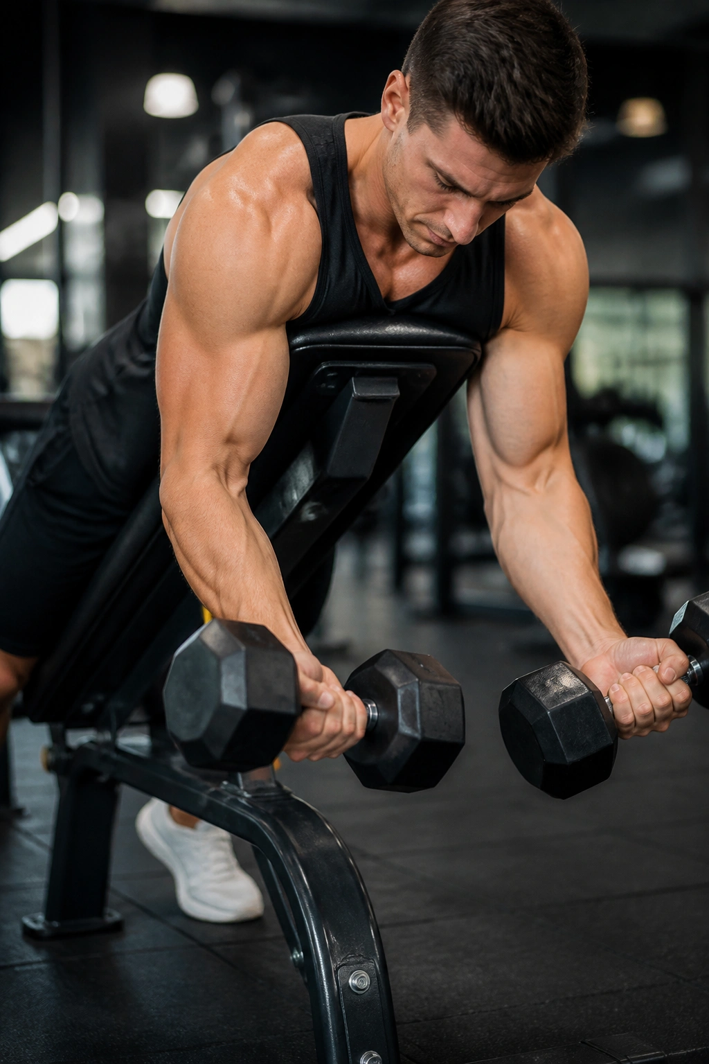 Close-up of spider curl on incline bench isolating biceps with tucked elbows