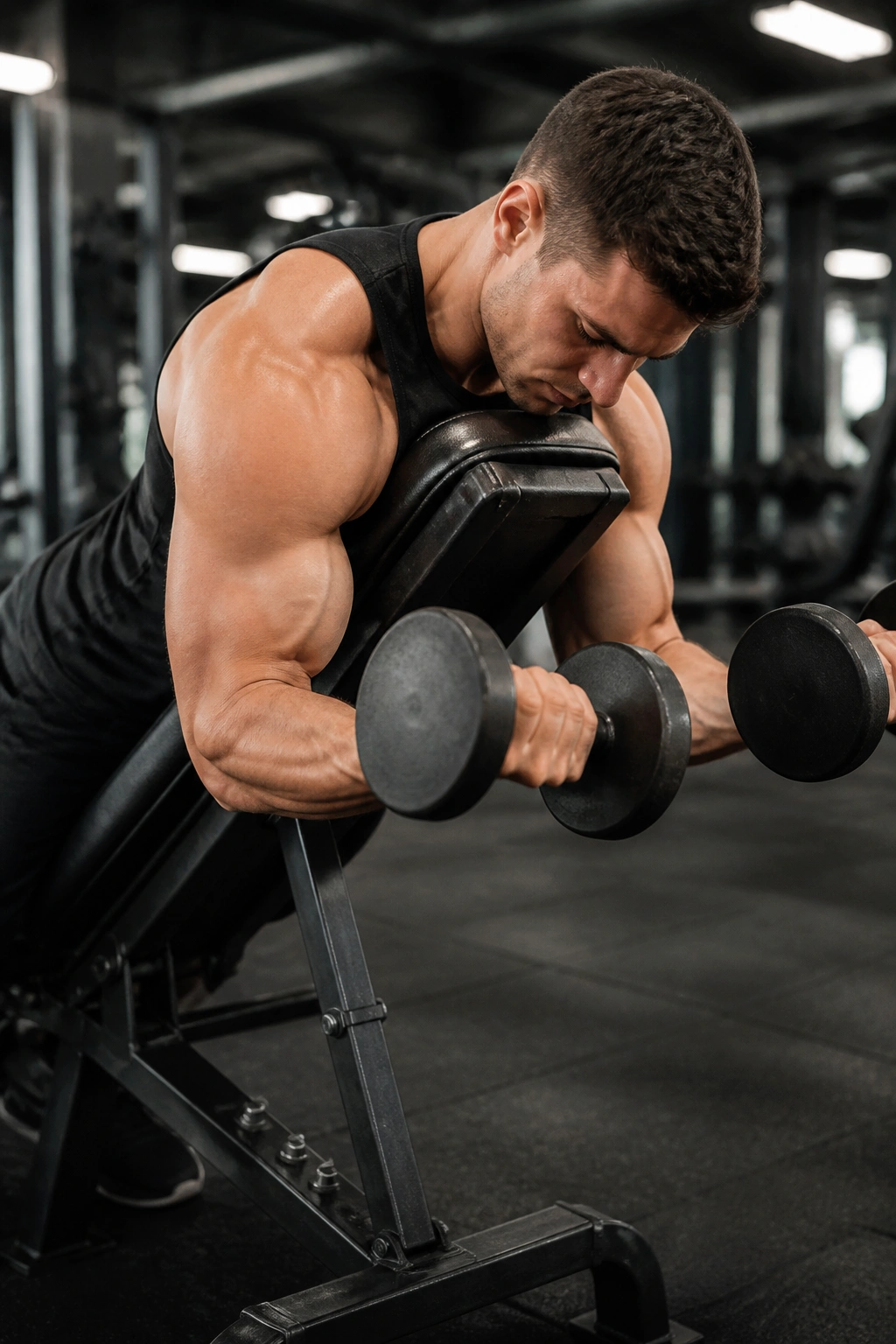 Lifter performing spider curls on incline bench