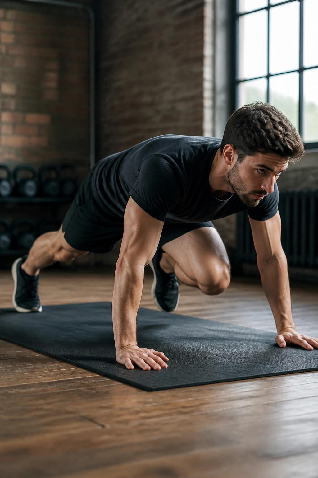 High plank with knee toward elbow demonstrating Spider-Man Plank
