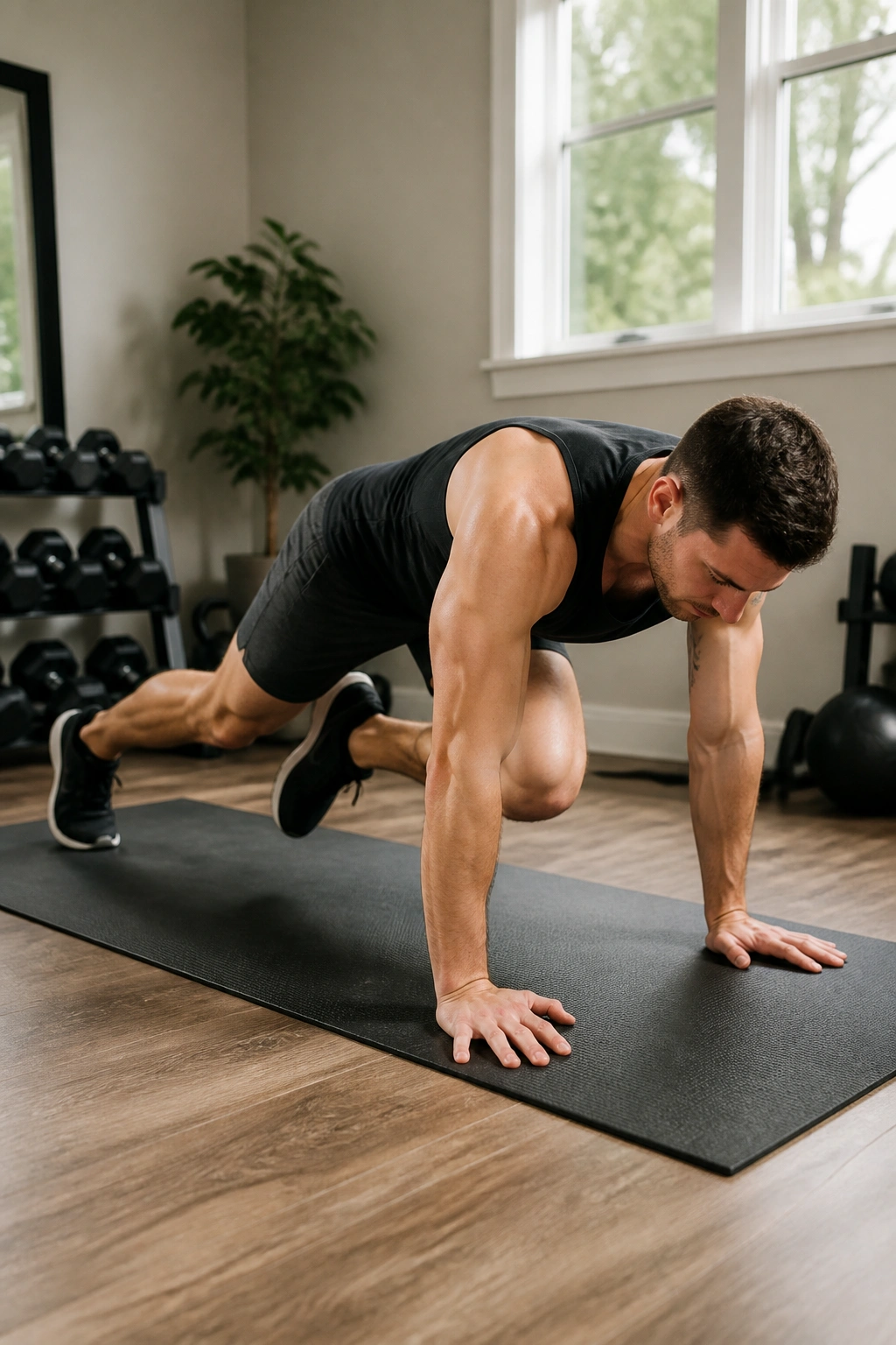 Person performing Spider-Man plank with knee to elbow on a mat