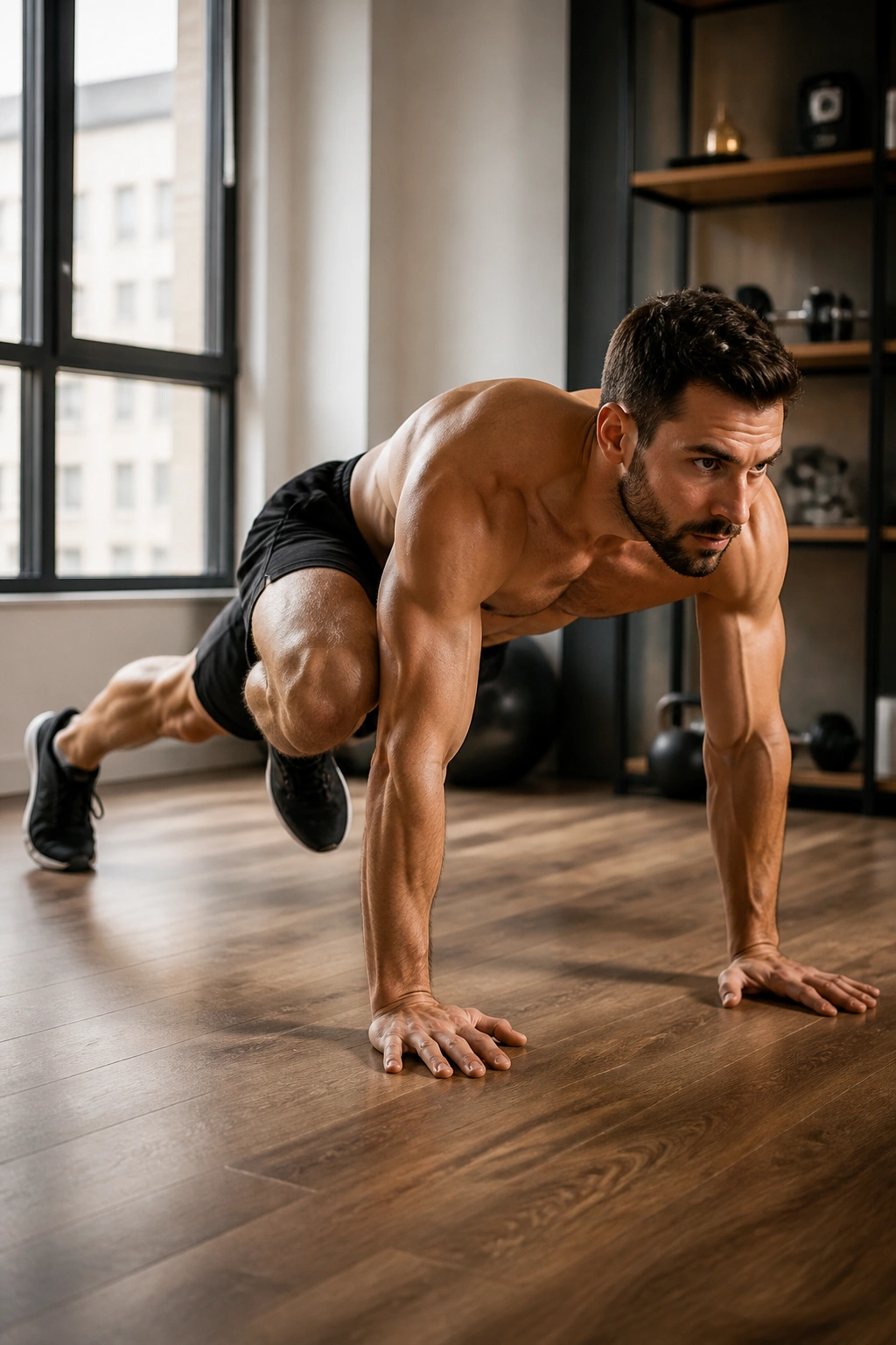 Person performing Spiderman Plank with knee to outside elbow in a modern home gym