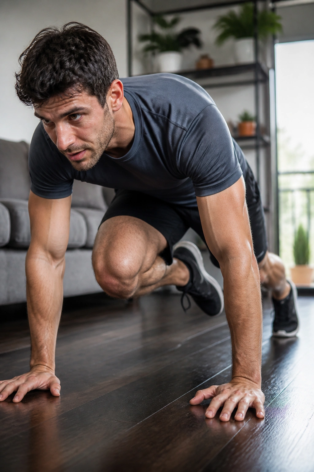 Real person performing Spider-Man plank with knee toward elbow in a gym setting