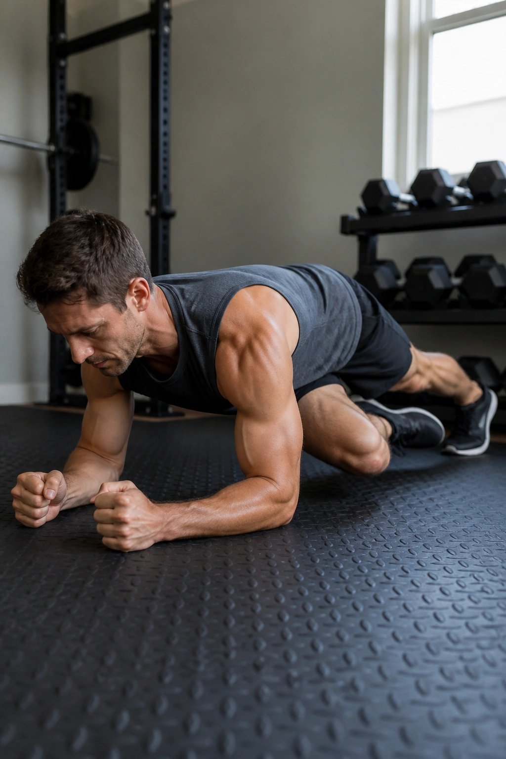 Person in Spiderman Planks position on a mat showing knee toward elbow.