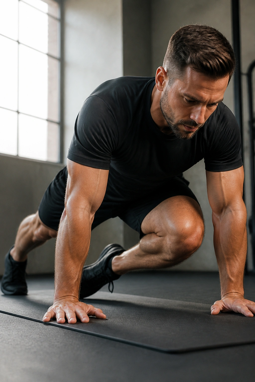 Person in push-up position performing knee-to-elbow with oblique engagement