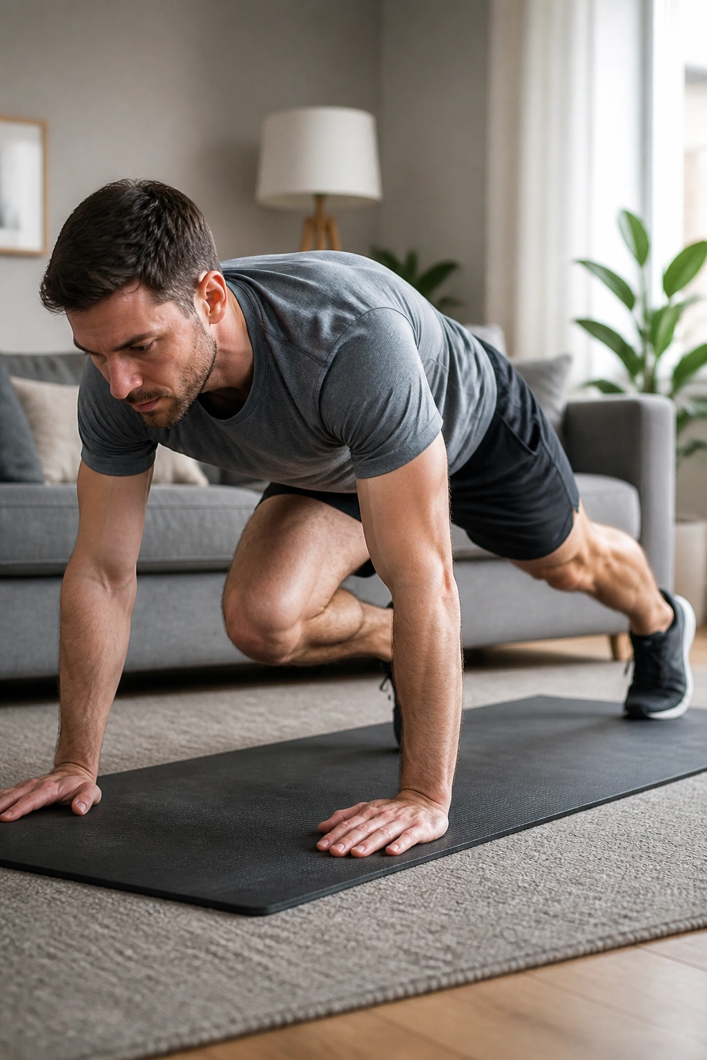 Person performing Spiderman Planks knee-to-elbow in a home setting
