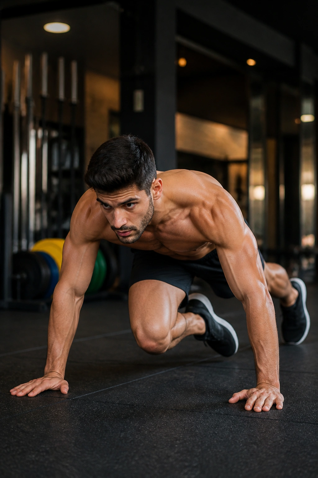 Athlete performing Spider-Man push-up with knee to elbow and engaged obliques