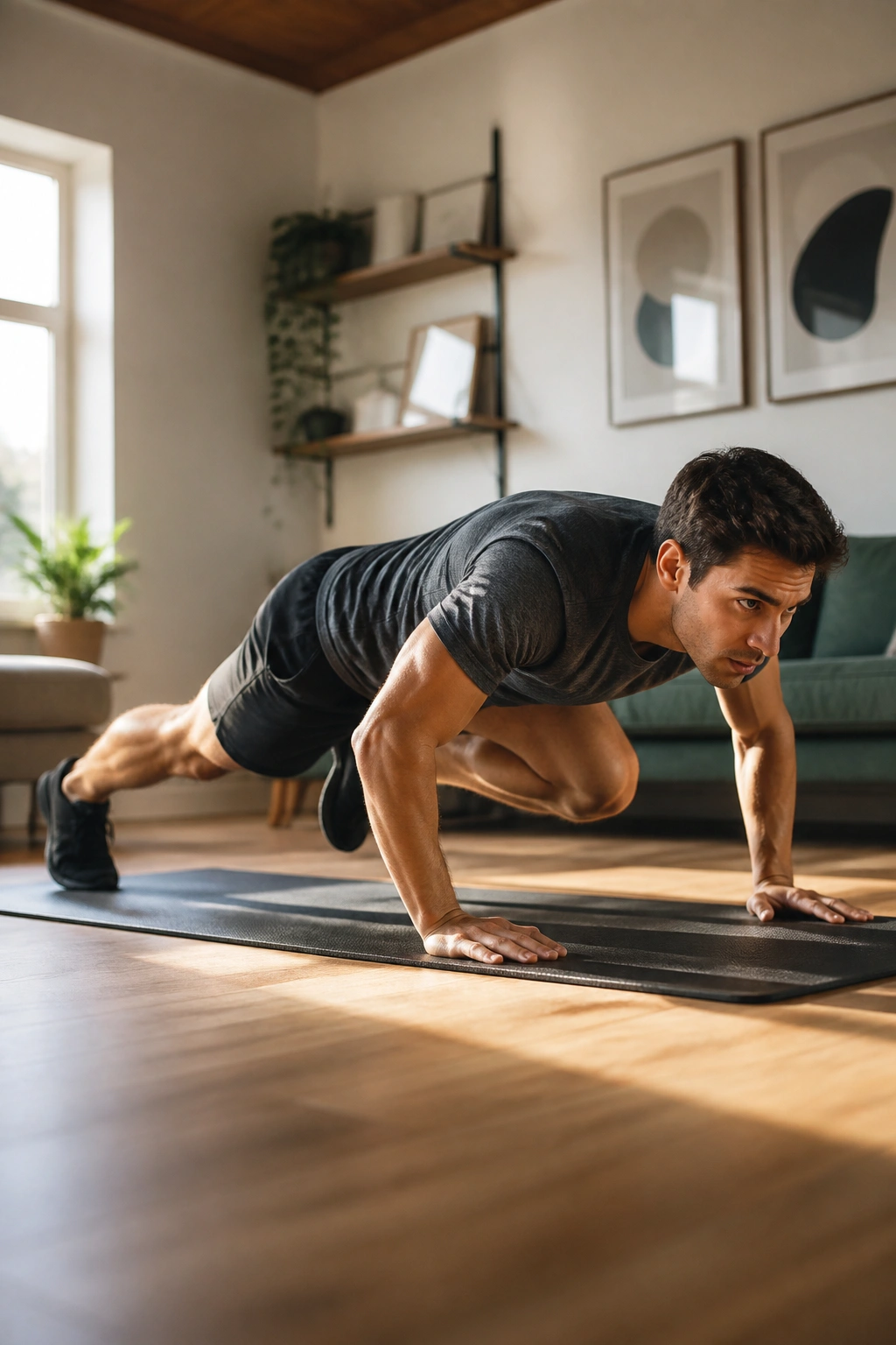 Real person performing Spiderman push-ups with knee toward elbow.