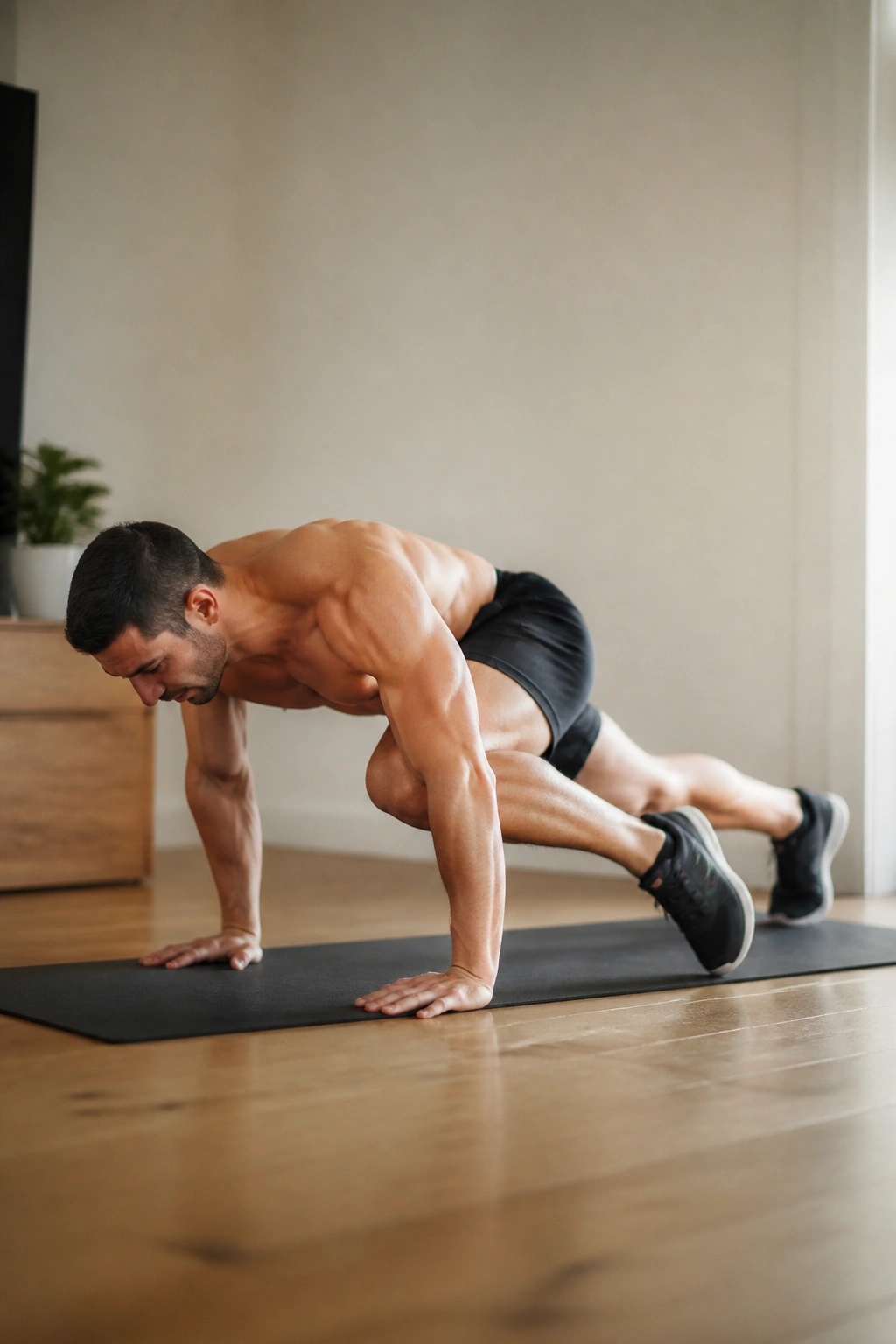 Side view of Spiderman push-up highlighting knee-to-elbow movement and core engagement