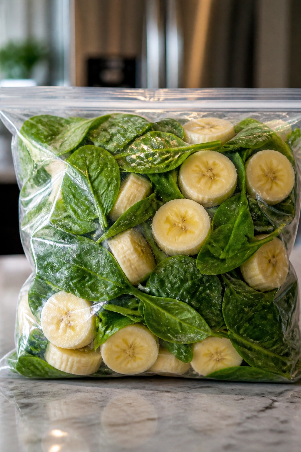 Frozen spinach banana smoothie bag with visible ingredients