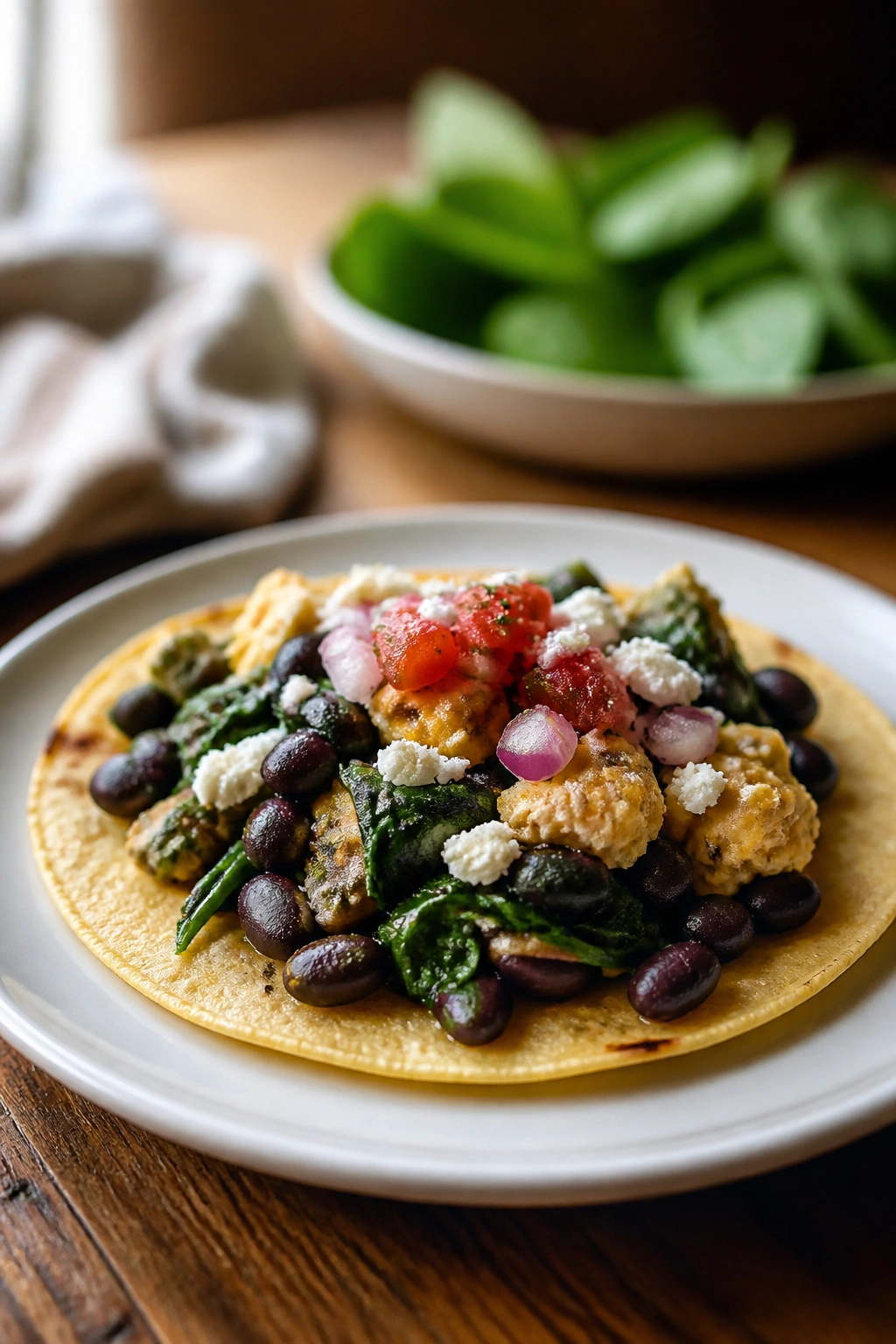 Close-up of a spinach and black bean breakfast taco on a small plate