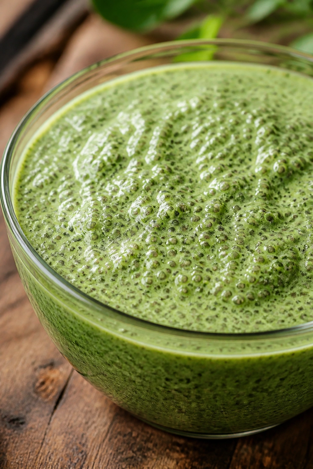 Bright green spinach chia pudding in glass bowl on wooden counter