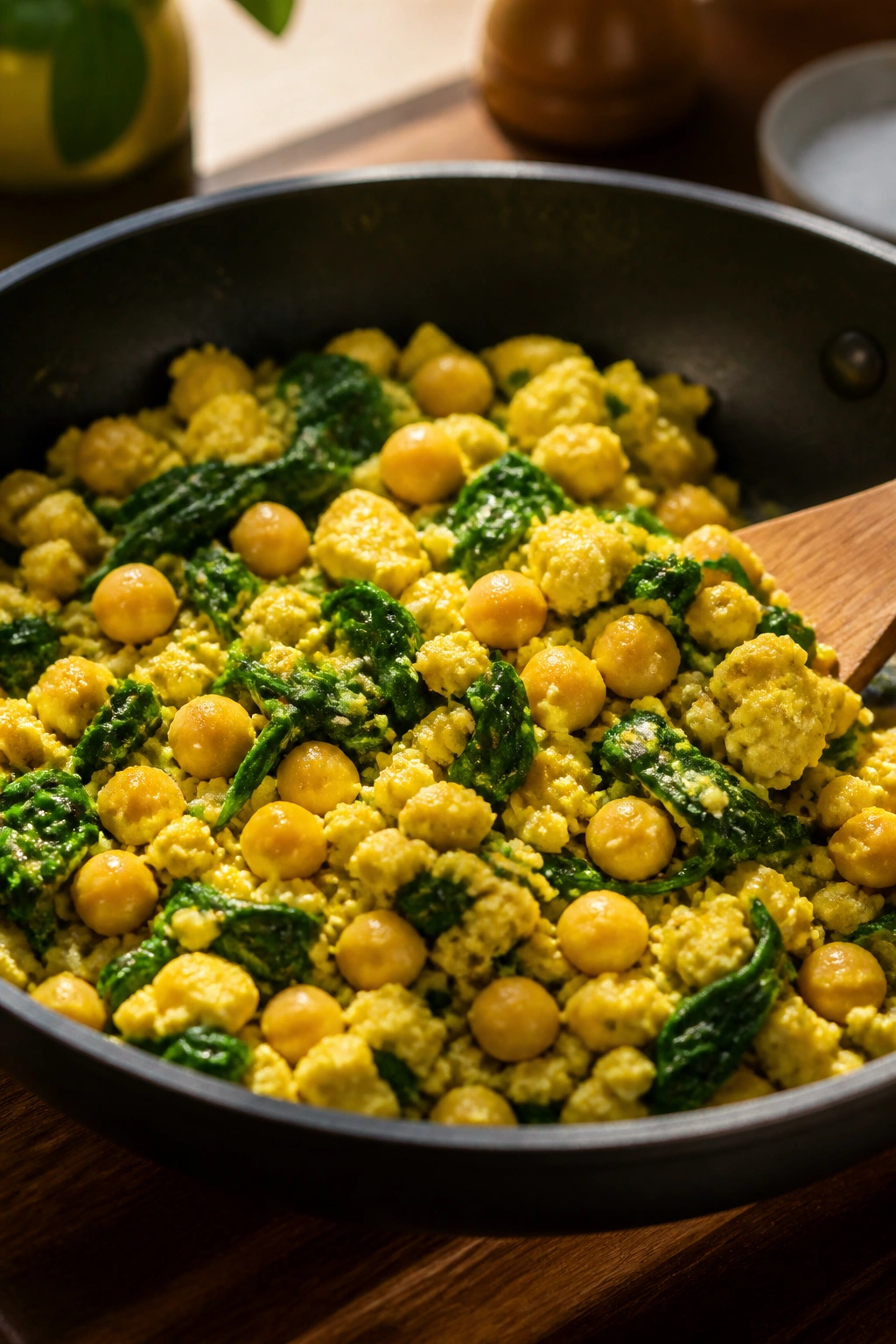 Close-up of vegan spinach chickpea scramble in a skillet
