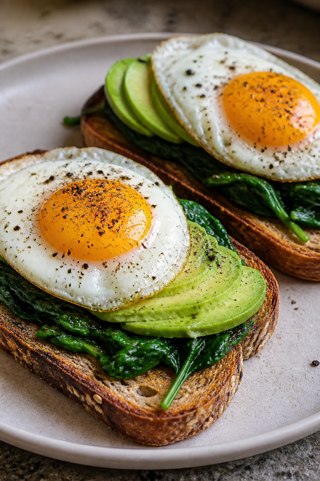 Toast topped with spinach, egg, and avocado on a bright counter