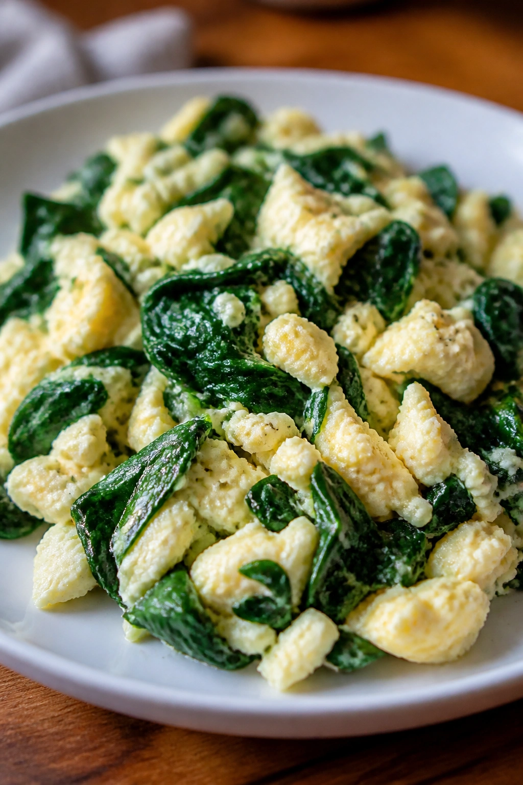 Plate of spinach and egg white scramble in a kitchen