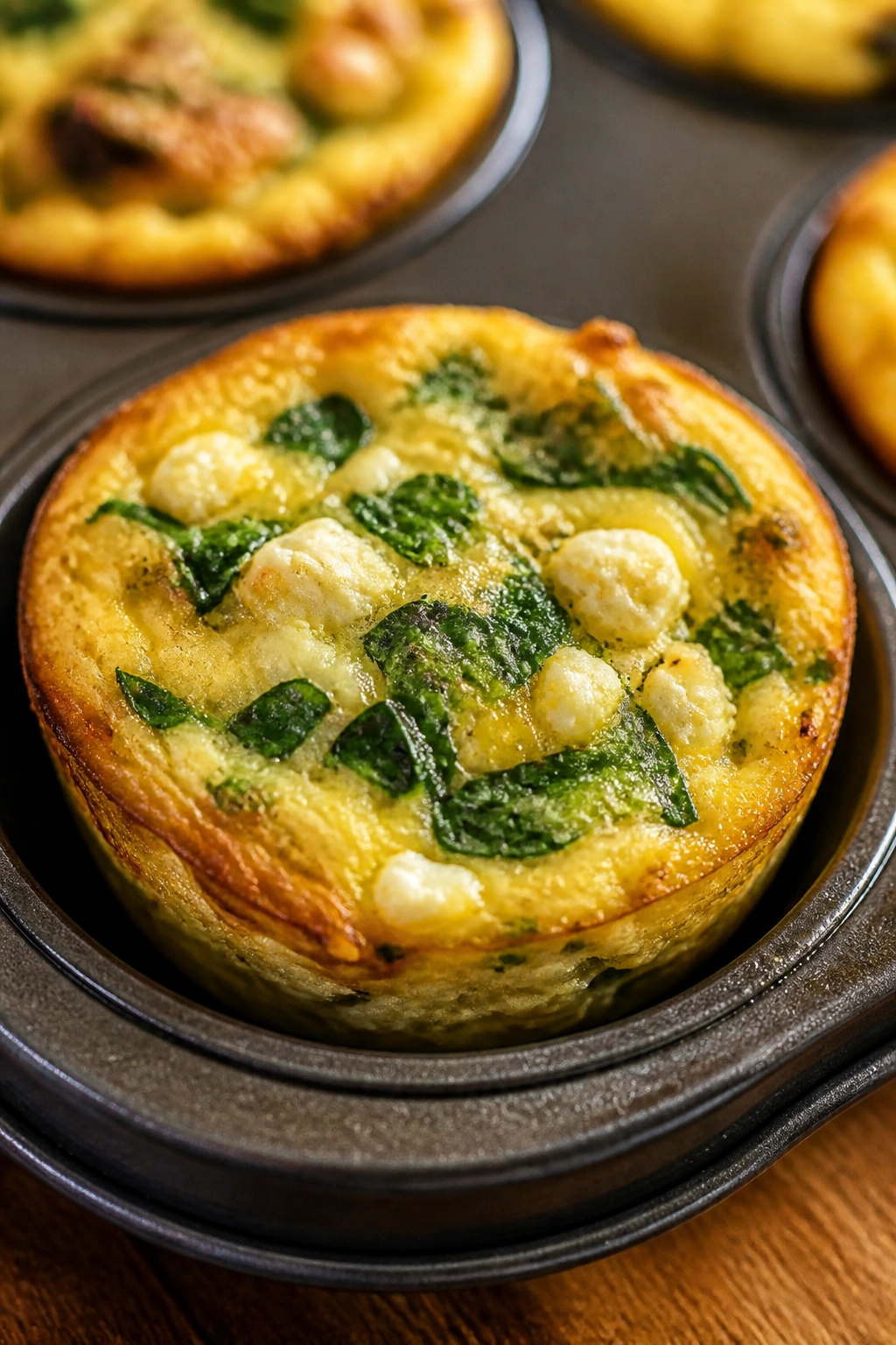 Close-up of a spinach and feta egg muffin filling the frame in a sunlit kitchen.