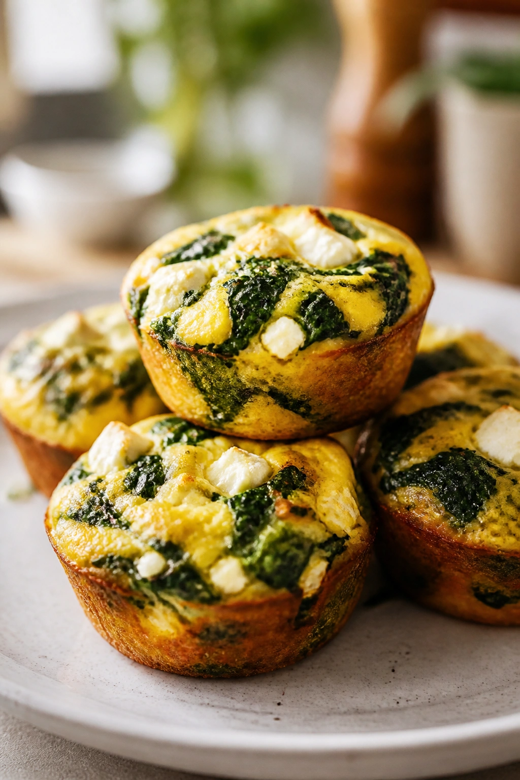 Two spinach and feta egg muffins on a plate