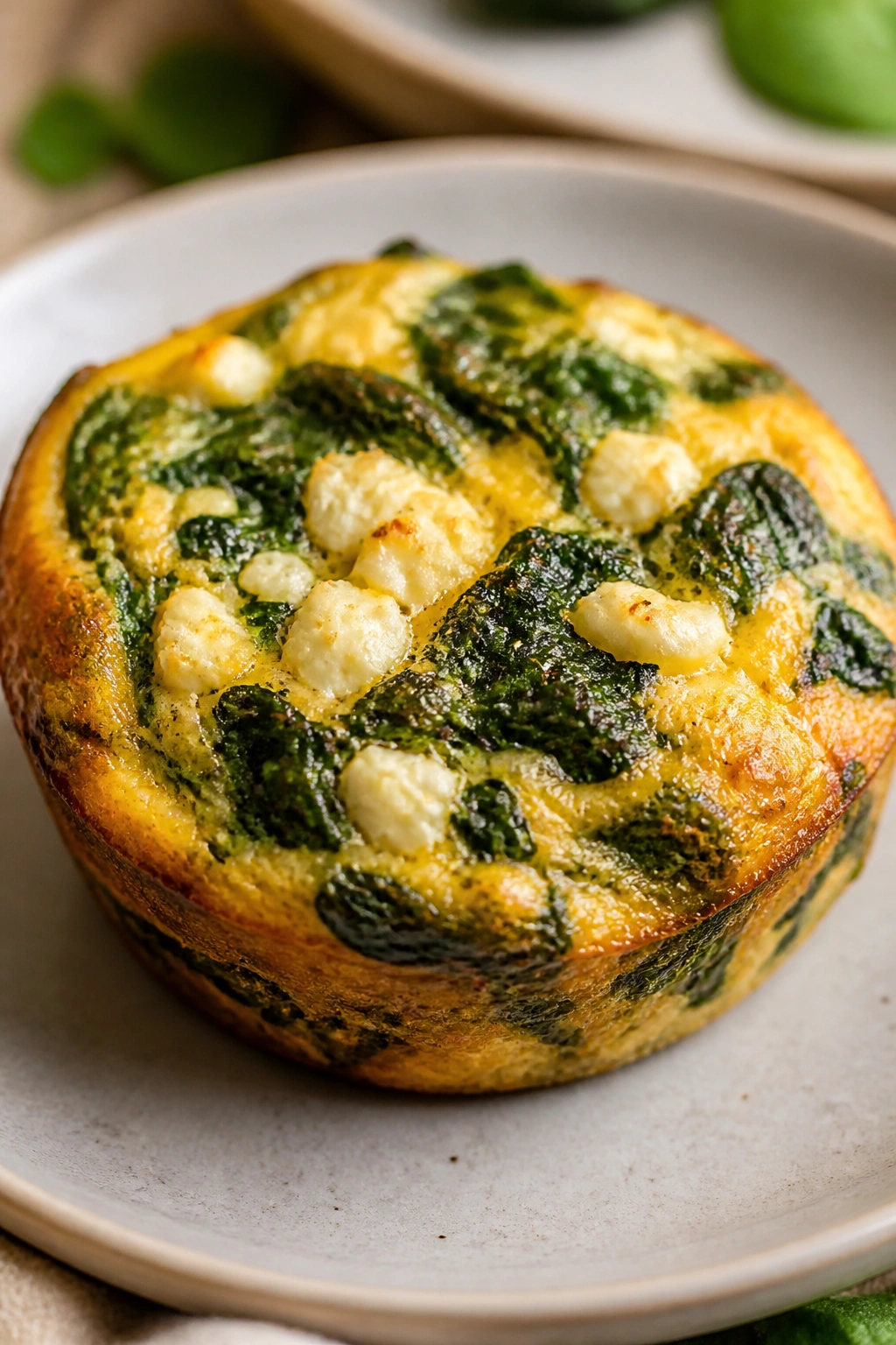 Close-up of spinach and feta egg muffin on a plate