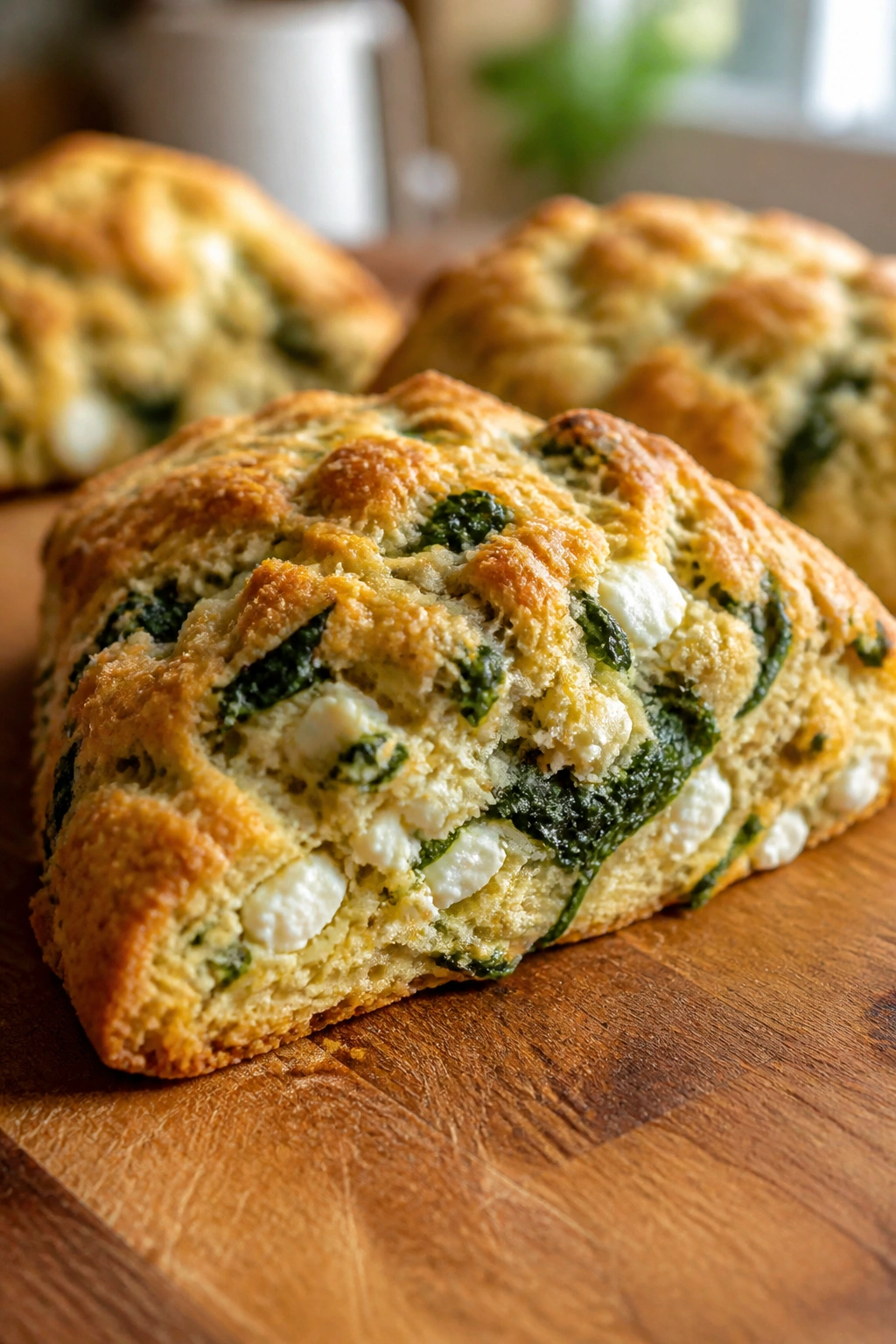 Close-up of a spinach and feta scone on a wooden board, warm kitchen light