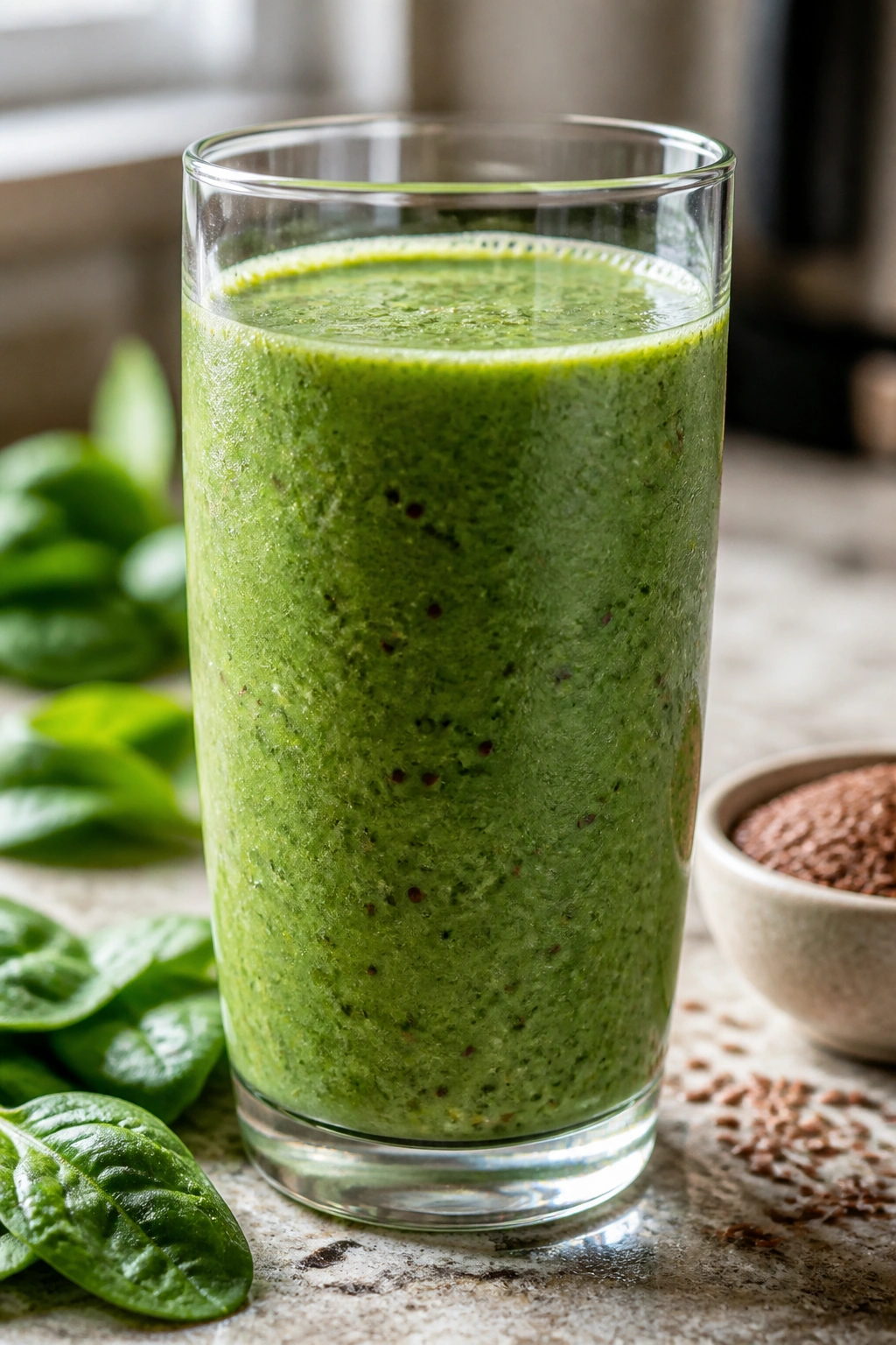 Tall glass of spinach and flax smoothie on kitchen counter