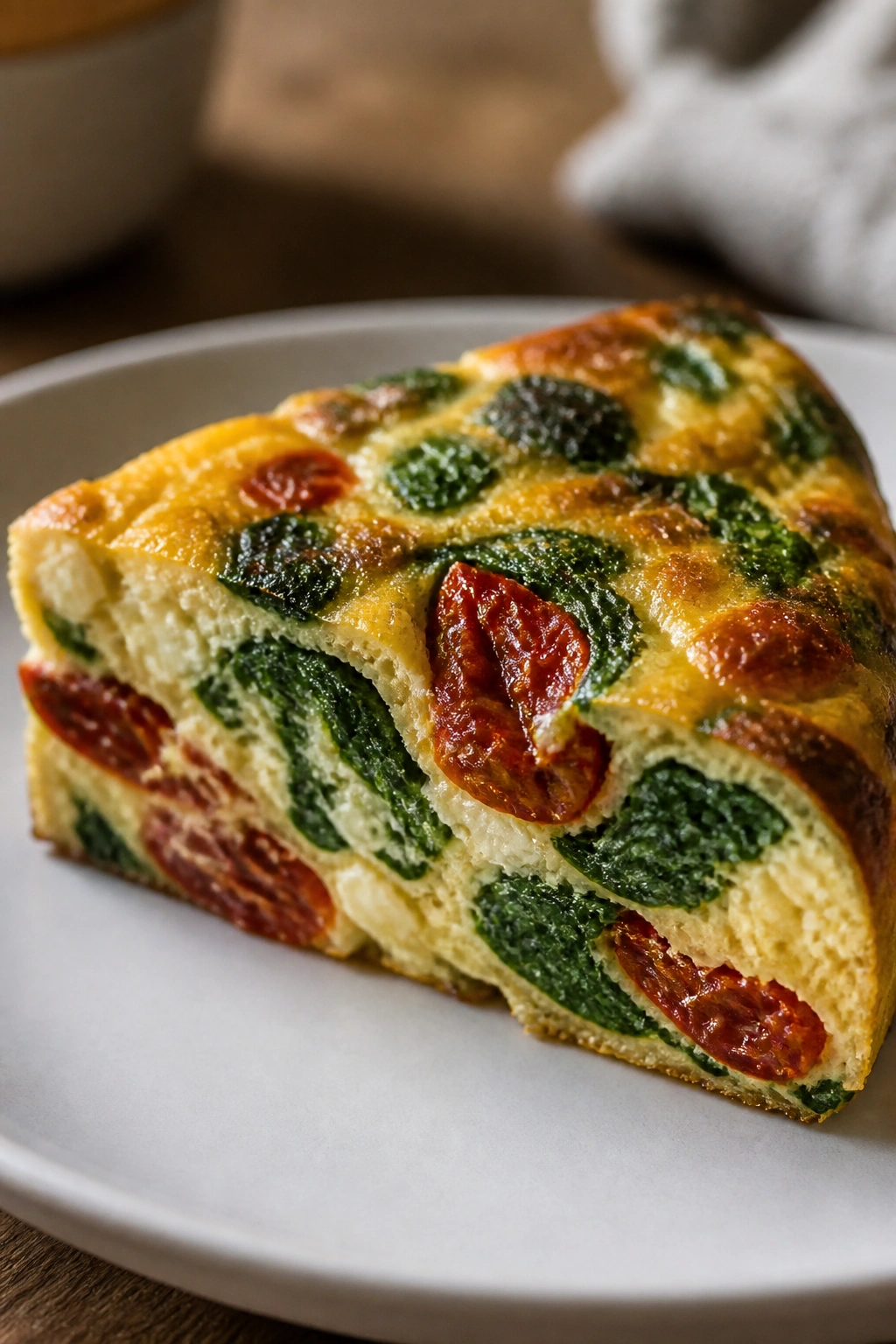 Wedge of spinach and sun-dried tomato frittata on a plate.