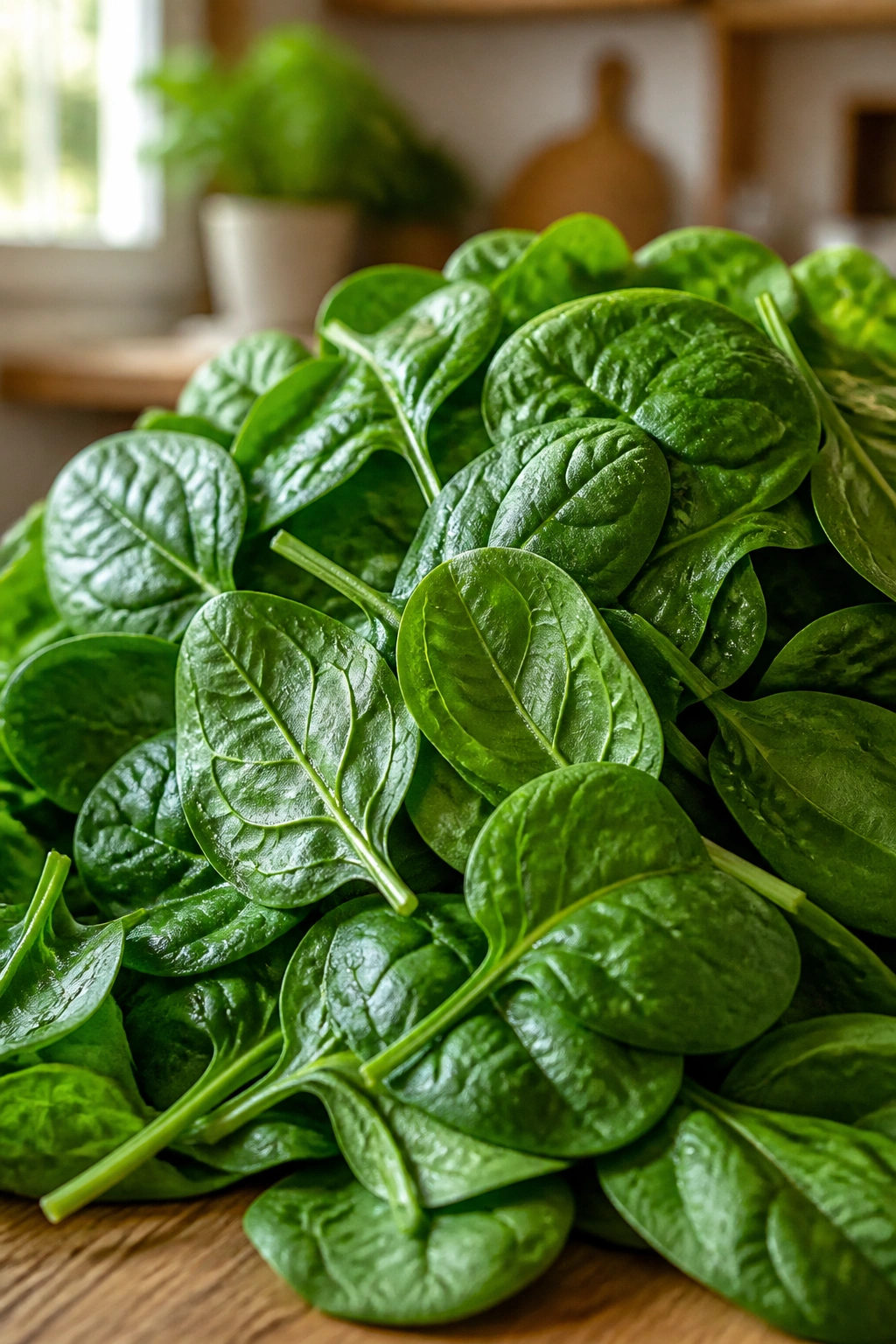 Fresh spinach leaves on a wooden surface in a bright kitchen.