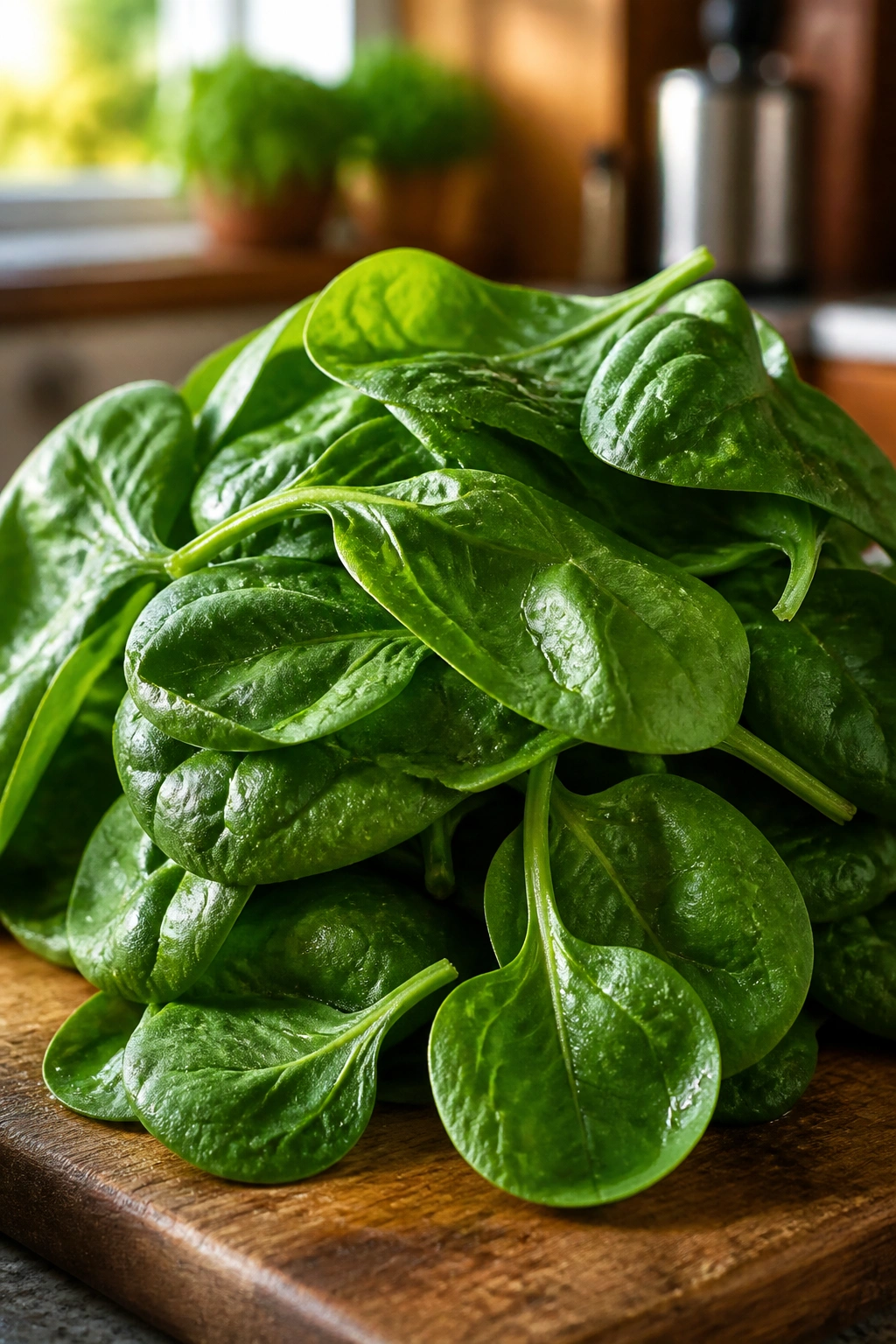 Close-up of fresh spinach leaves on a cutting board