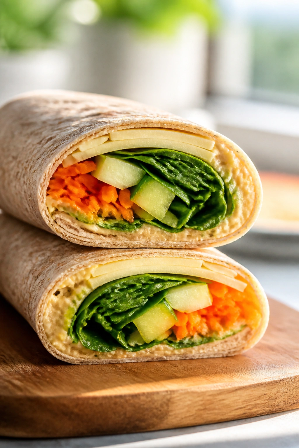 Cross-section of Spinach and Hummus Breakfast Wrap showing greens and veggies inside