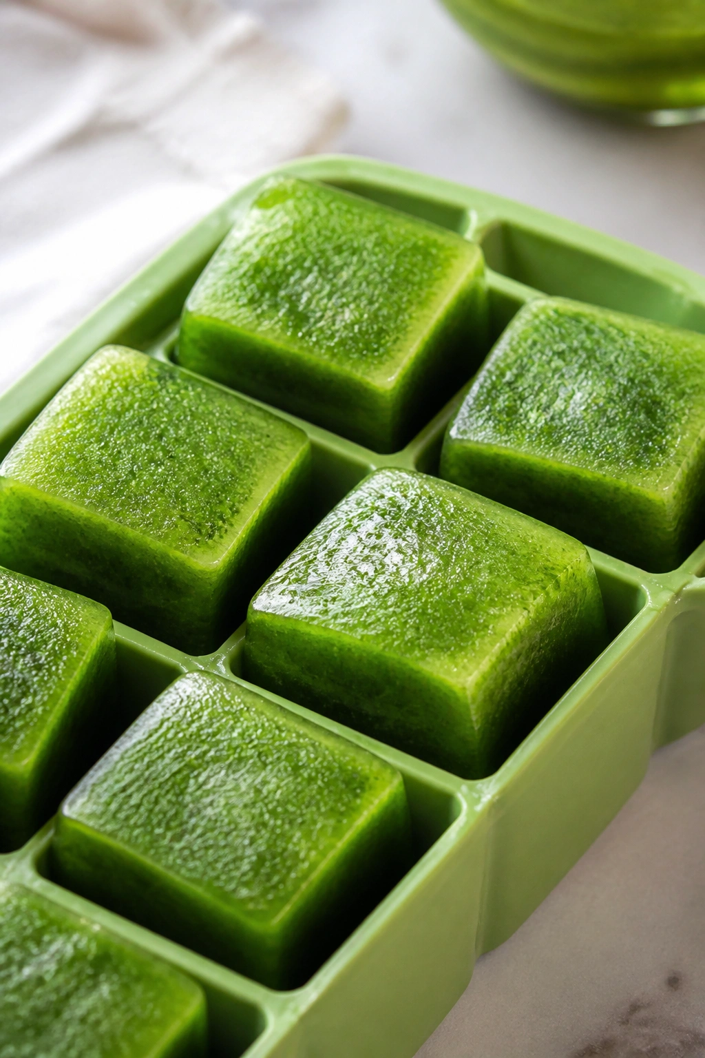 Green juice cubes made from spinach and apples in silicone tray