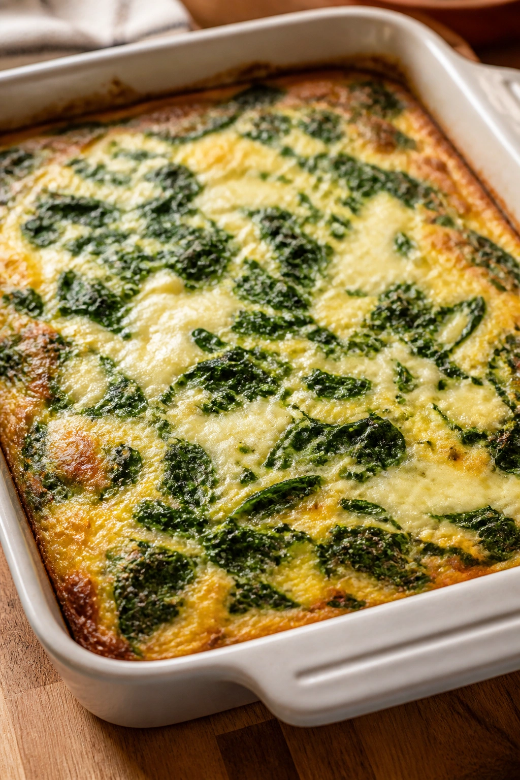 Crustless spinach mozzarella breakfast bake in square dish