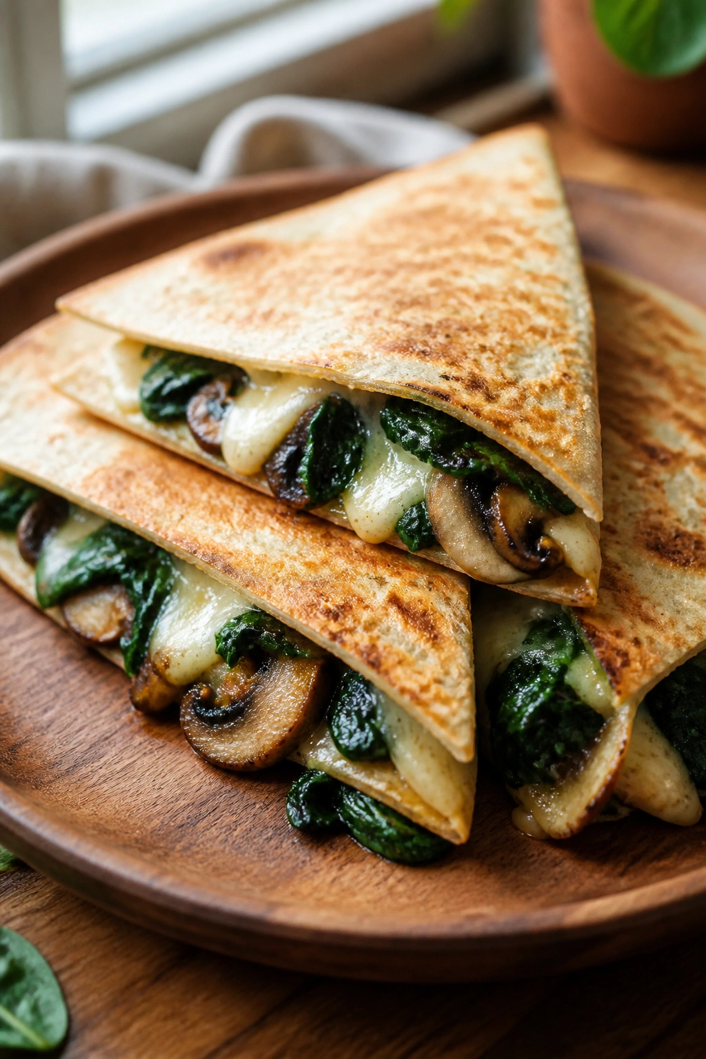 Quesadilla filled with spinach and mushrooms on a plate