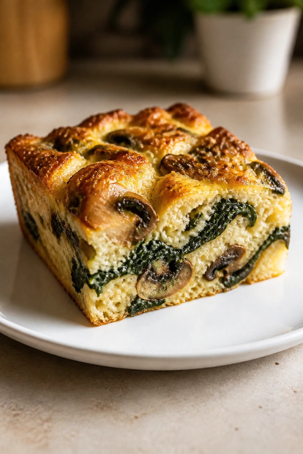 Slice of spinach and mushroom breakfast strata on a white plate.