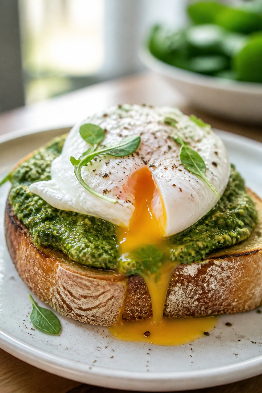 Close-up of sourdough toast with spinach pesto and egg