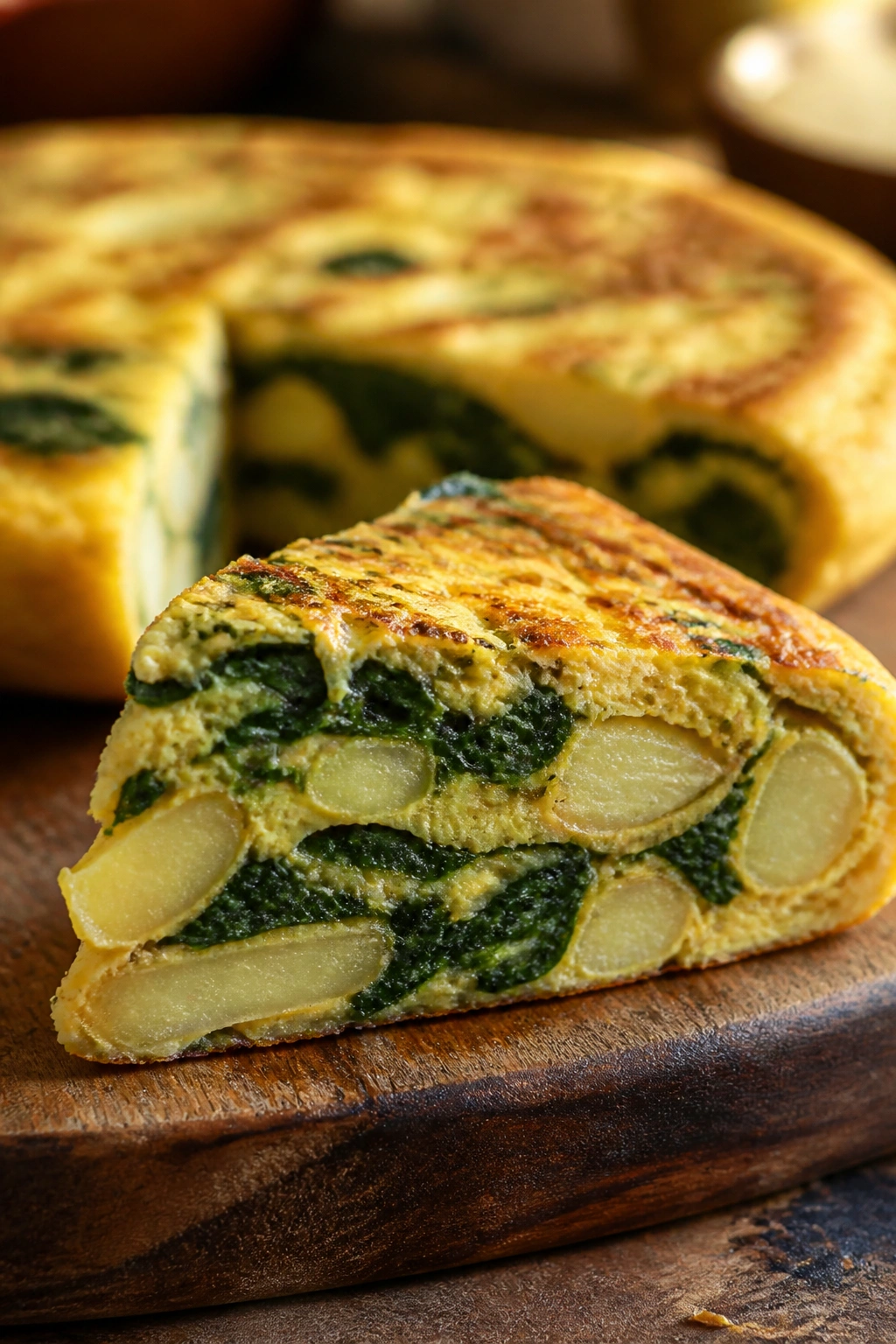 Slice of spinach and potato tortilla on wooden board