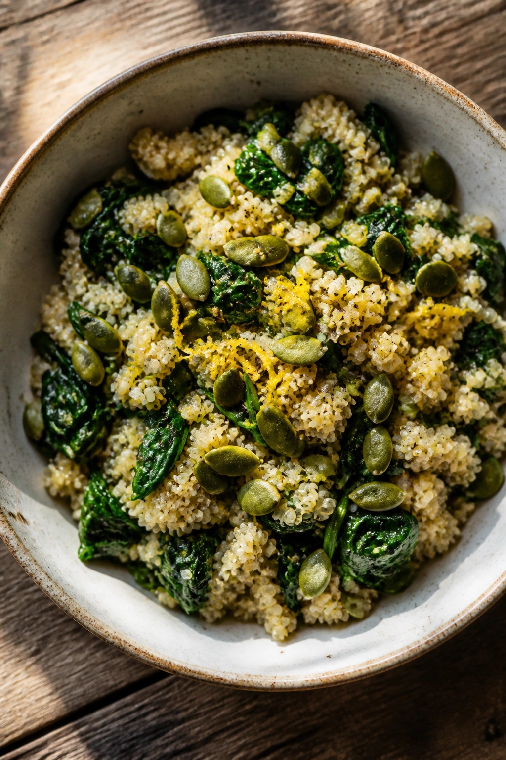 Top-down view of spinach quinoa breakfast bowl with pumpkin seeds