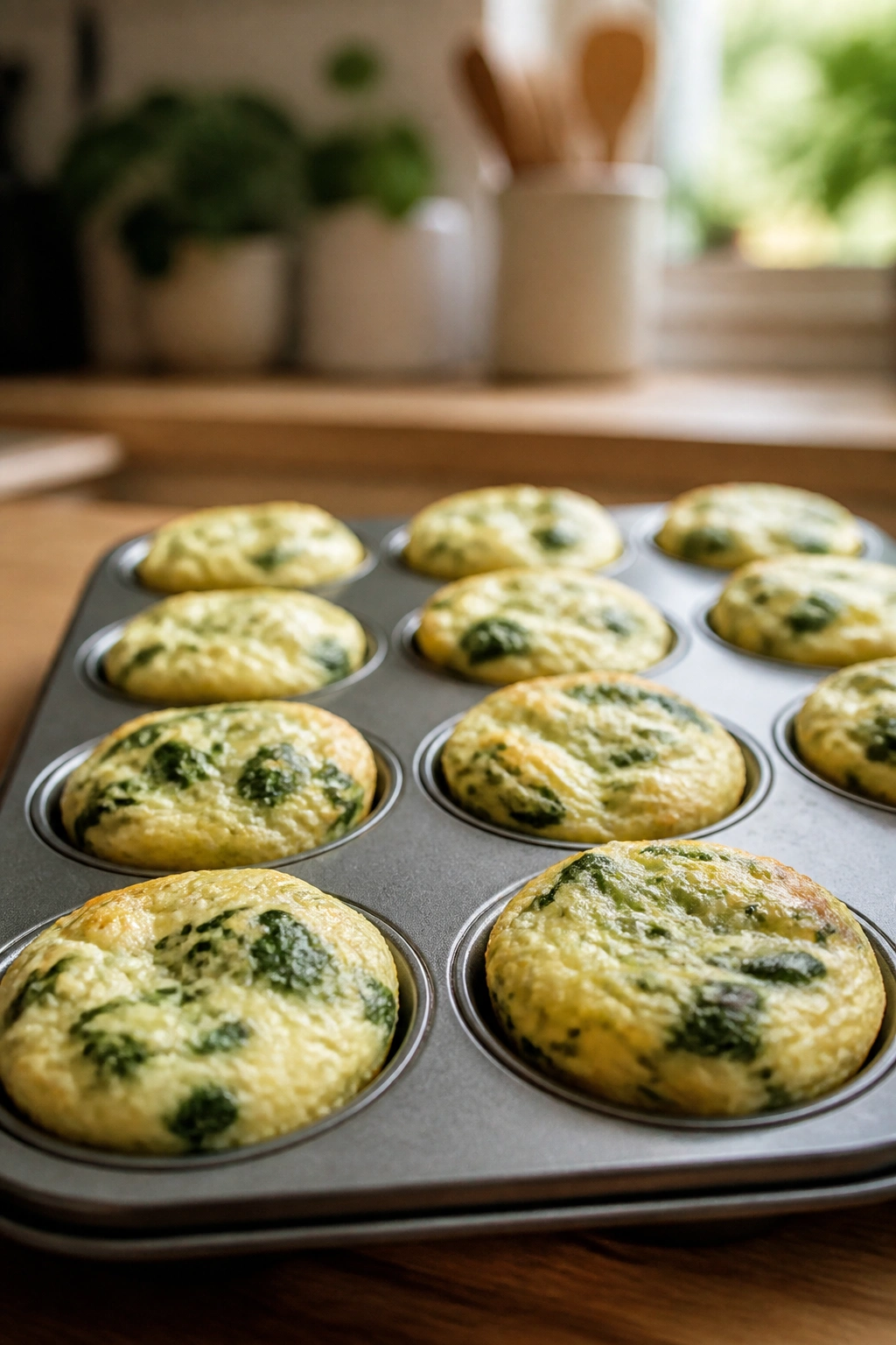 Close-up of Spinach and Ricotta Egg White Bites in muffin cups, fluffy and golden