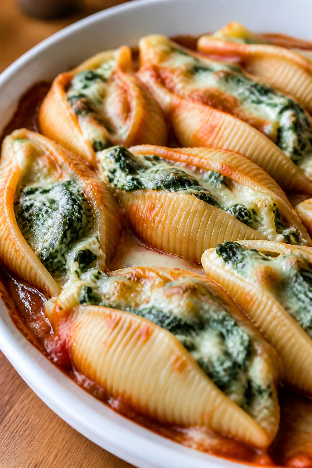 Close-up of spinach ricotta stuffed shells on a plate, warm kitchen light