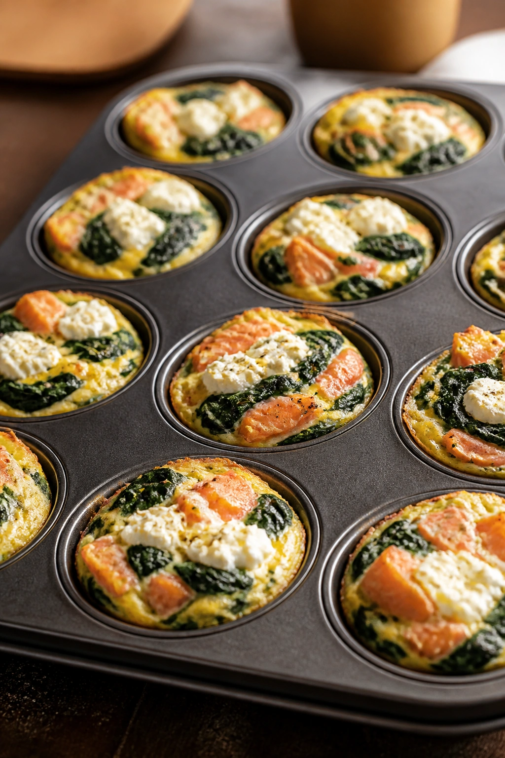 Spinach egg bites with smoked salmon in muffin tin