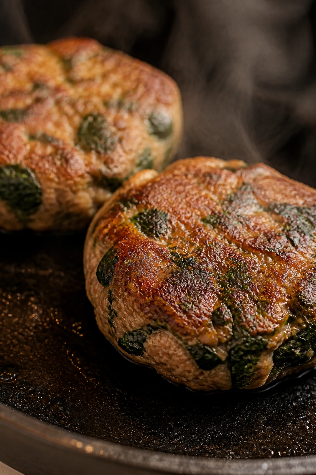 Close-up of spinach and Italian sausage patties in a cast-iron skillet
