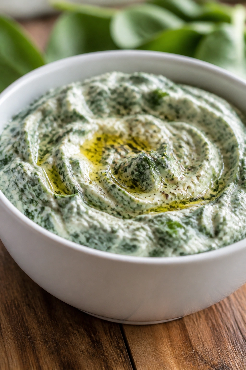Close-up of spinach yogurt dip in a white bowl on wooden table