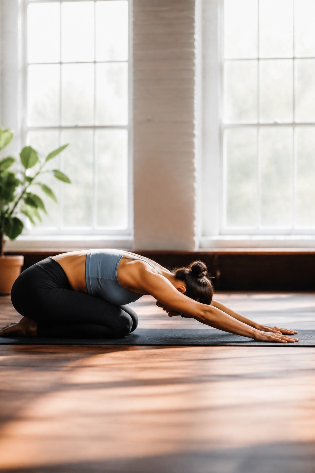 Side profile of a person lengthening the spine during Spine Stretch Forward