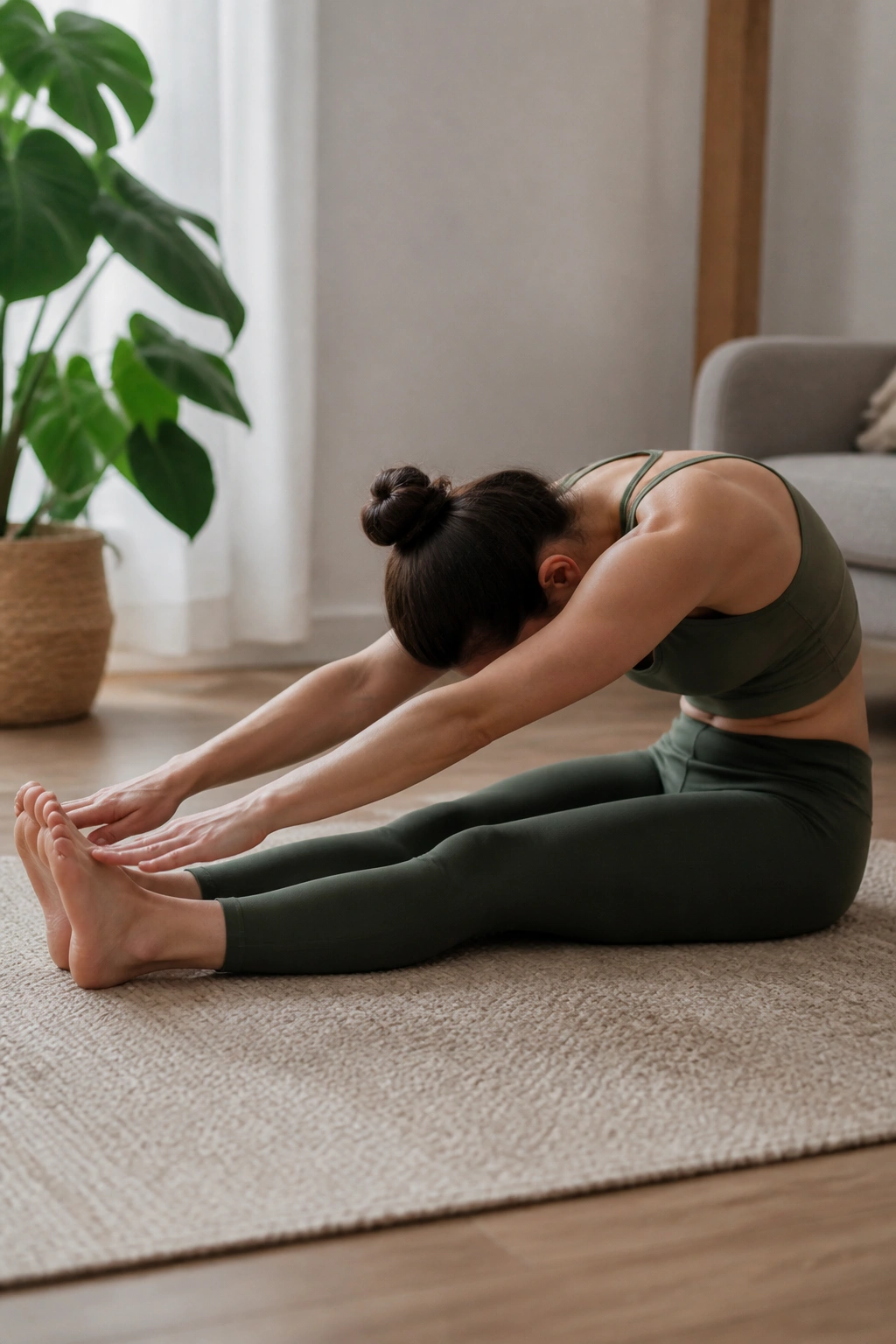 Seated spine stretch forward with arms reaching forward and rounded spine