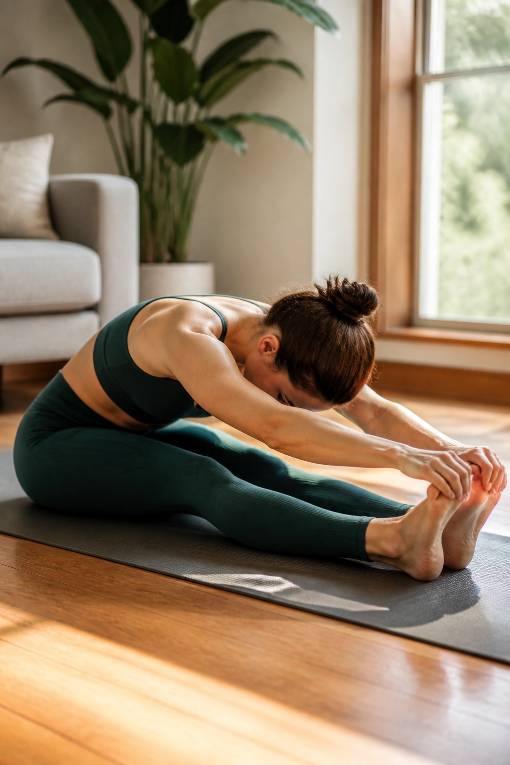 Medium close-up of a person performing Spine Stretch Forward on a yoga mat in a sunlit living room