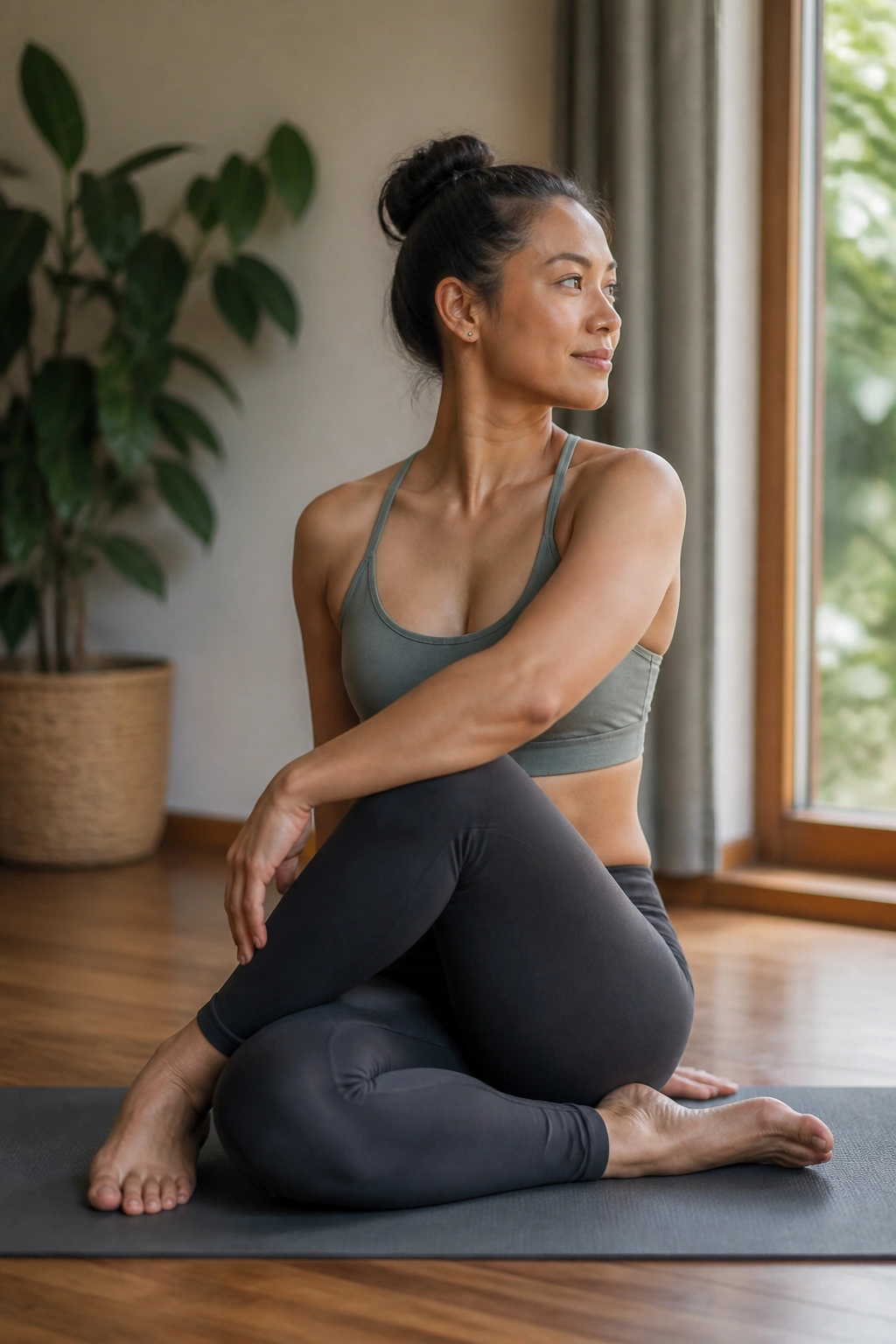 Person seated in a torso twist on yoga mat