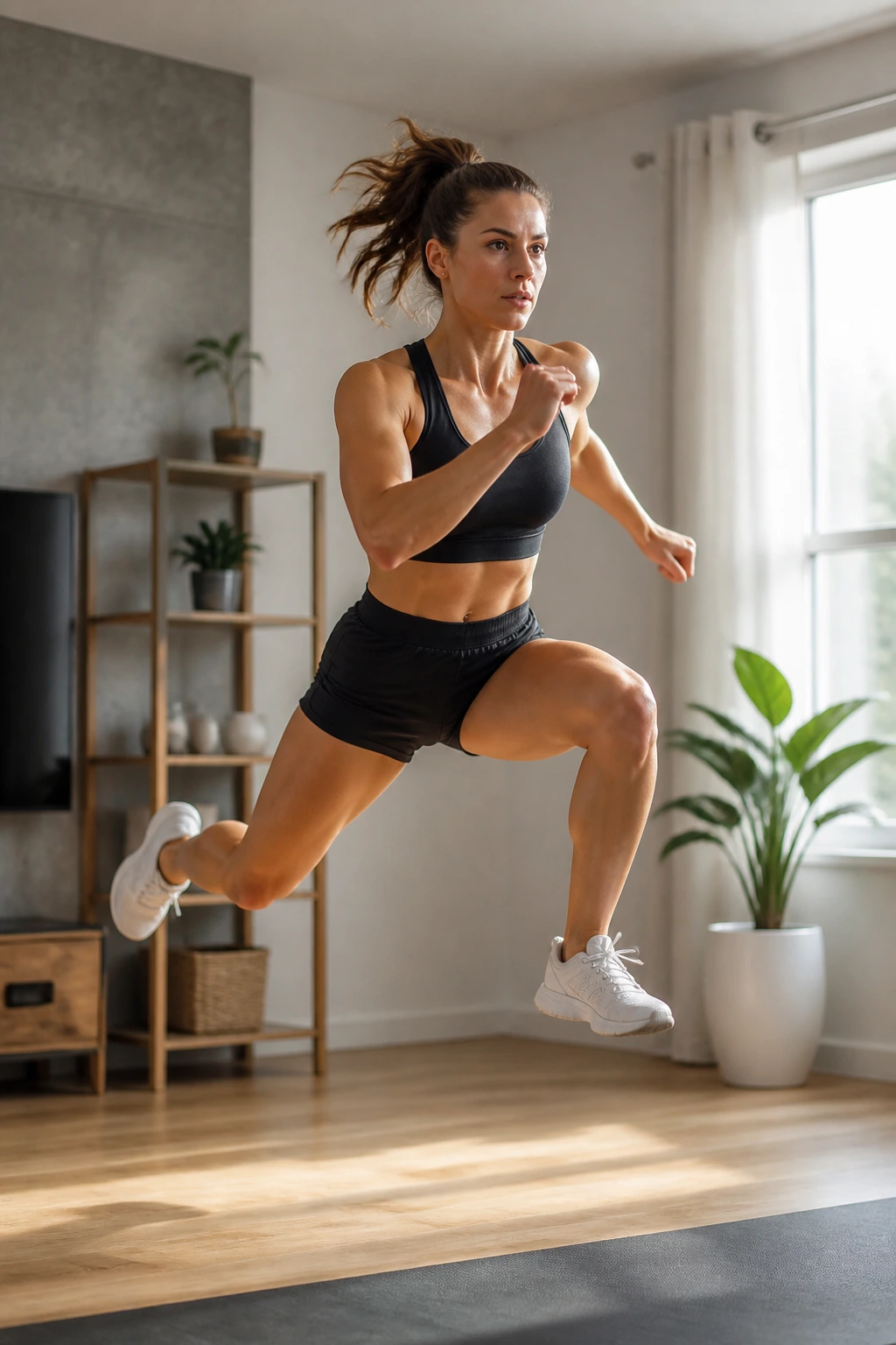 Dynamic split jump power rounds in a home workout space